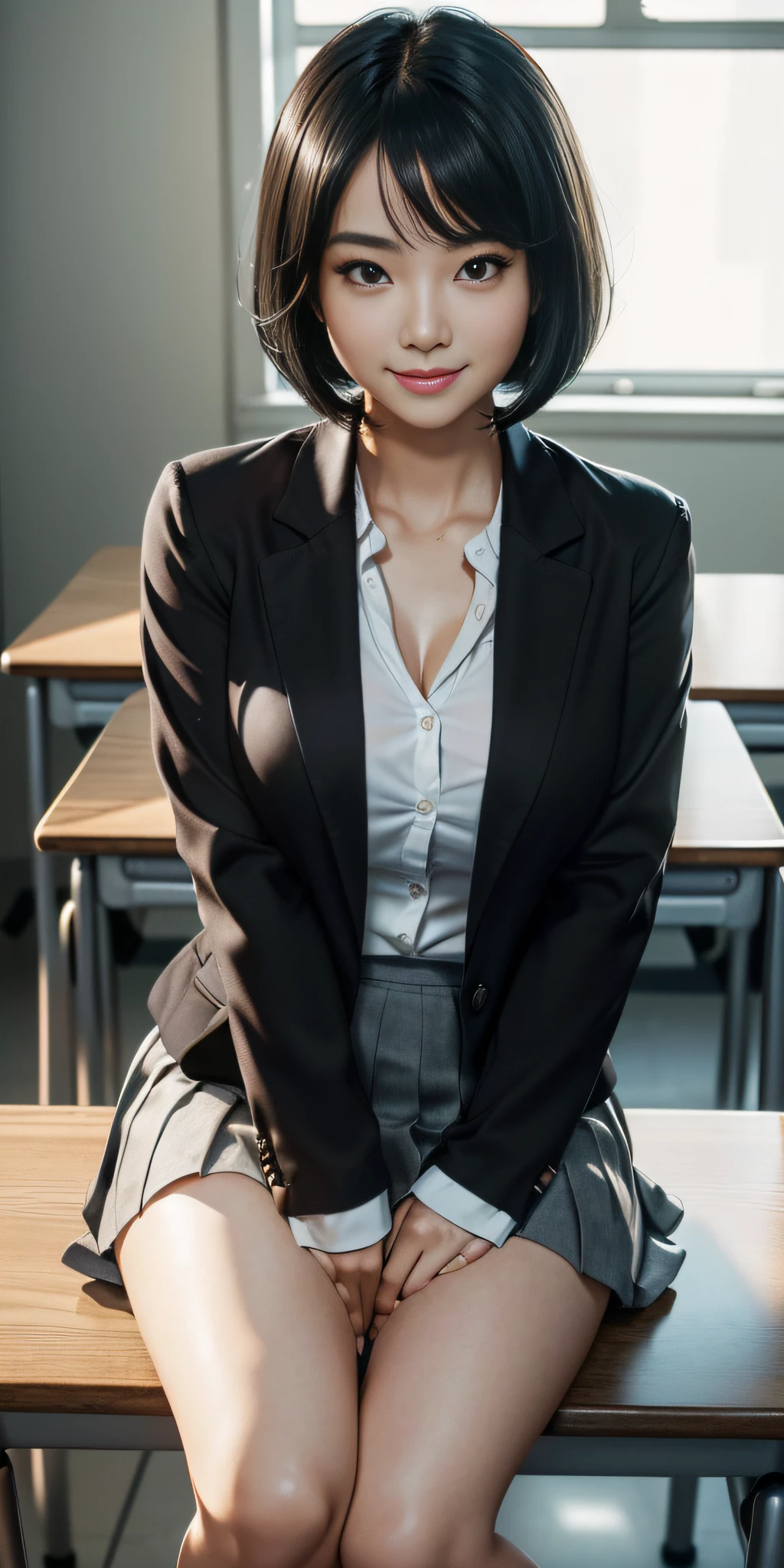 realistic woman, (aegyo sal: 1), 18 years old girl, (gray blazer, ribbon, folded miniskirt, socks, private school uniform: 1.2), high school classroom, beautiful detail in the eyes, (eye size: 3/ 4) light on the face, ((full body photo: 1.2)), especially strong light, (upper eyes, smiling smile: 1.2), shiny skin, (((black hair, bob hair: 1.2))), ( thick thighs), ulzzang-6500-v1.1: 0.2, bashful, (flash: 1.2), NSFW, (swollen), ((seductive posture: 1.2, attractiveness: 1.2)), (idle), (sitting at a desk in the classroom: 1.2)), ((good anatomy: 1.2)), ((bright and refreshing classroom, blurred background: 1.2)), perfect face, cute and symmetrical face, (High Angle Shot: 1.2)s., Natural side lighting, ((8k, RAW photos, top quality, masterpieces), High Definition RAW color photos professional close-up photos, (realistic, photorealism: 1.37), (highest quality), (best shadows), (best illustrations) , Clavicles ((large)), ((erotic, sexy, ultra-high-resolution, 8K HD Unified CG Wallpapers, Physical representation, movie lighting), Canon EOS R50 camera 50mm lens