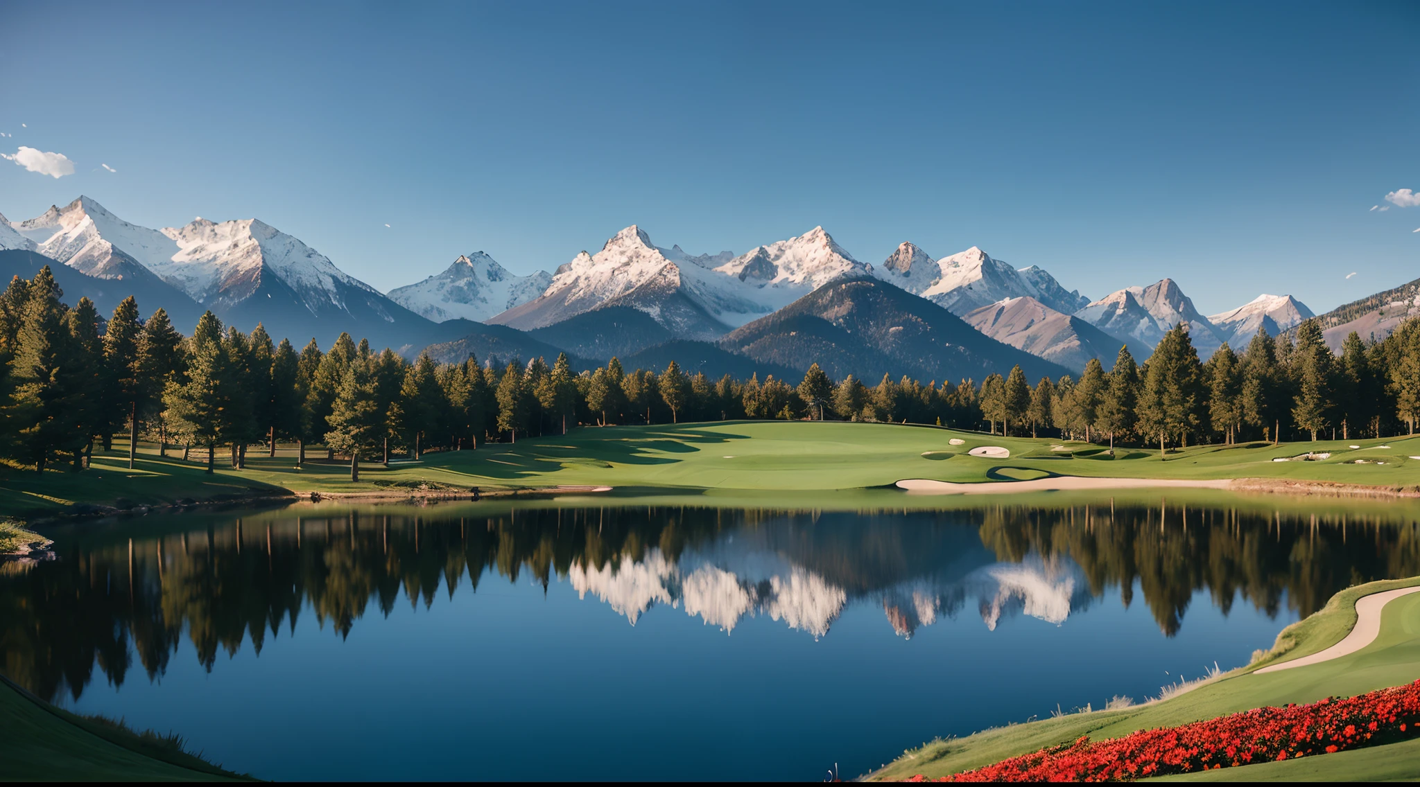((best qualtiy,Sony SLR lens,8K,hentail realism,Master masterpieces:1.3)),Beautiful golf course,High and low,Mountains in the distance,Surrounded by pine trees,first person perspective,hyper HD,Several small lakes,Lots of white space,A few small red flowers on the left,
