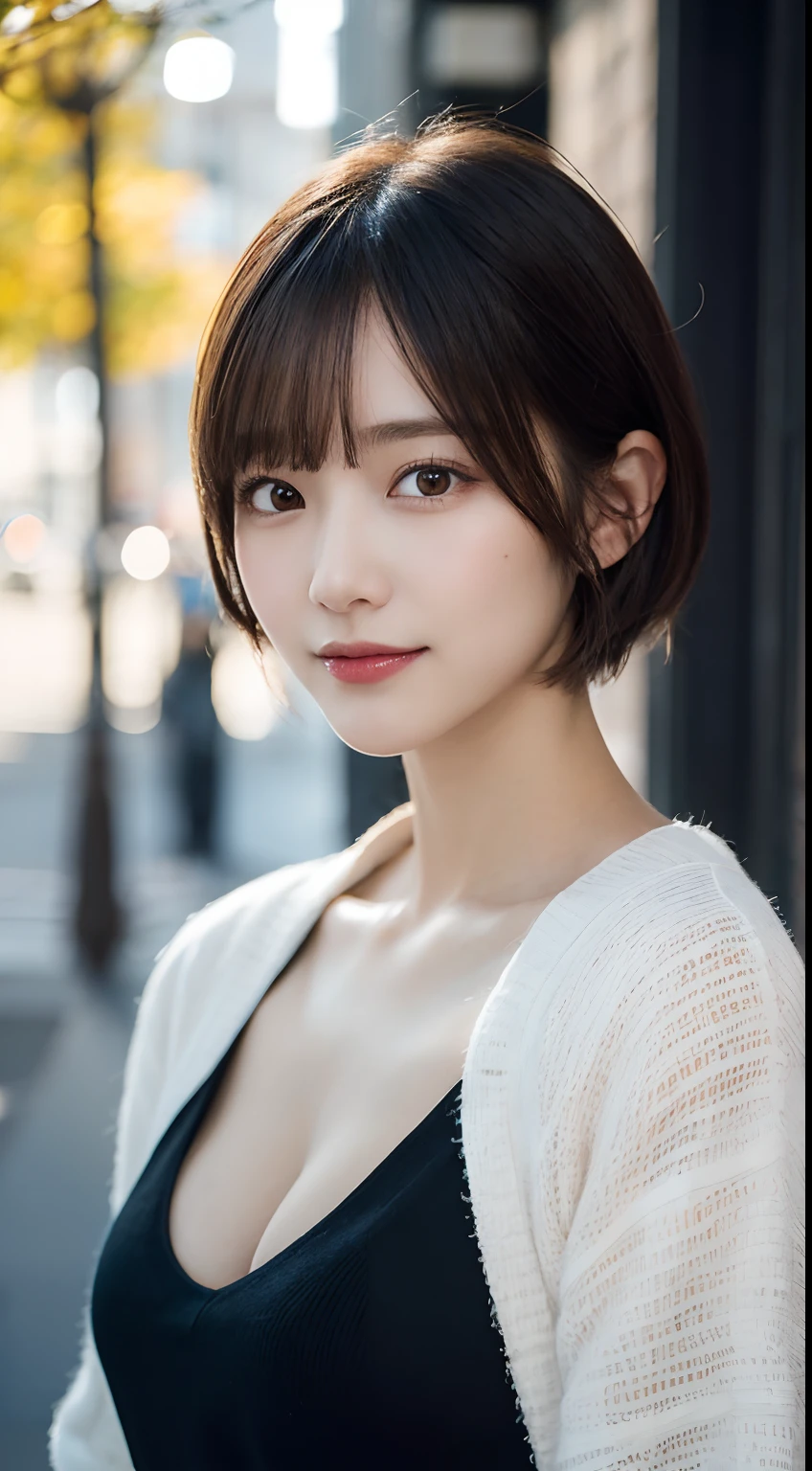 (highest quality,8K quality,masterpiece:1.3,),(超A high resolution:1.3,Photorealistic:1.4,Raw photo:1.2),(Ultra-detailed:1.2,Glowing Skin,Detailed skin:1.1),(Detailed face,Perfect Anatomy,Caustics:1.2), (Symmetrical eyes:1.3),1 girl,cute,Japanese,22 years old,Japanese Ido,Natural brown hair,Short hair curled outwards,cute目,Natural Makeup,Oversized T-shirt,Laughter,Looking at the camera,On the face,Face Focus,Street Corner,Professional Writing,Natural soft light,Clothes that reveal cleavage