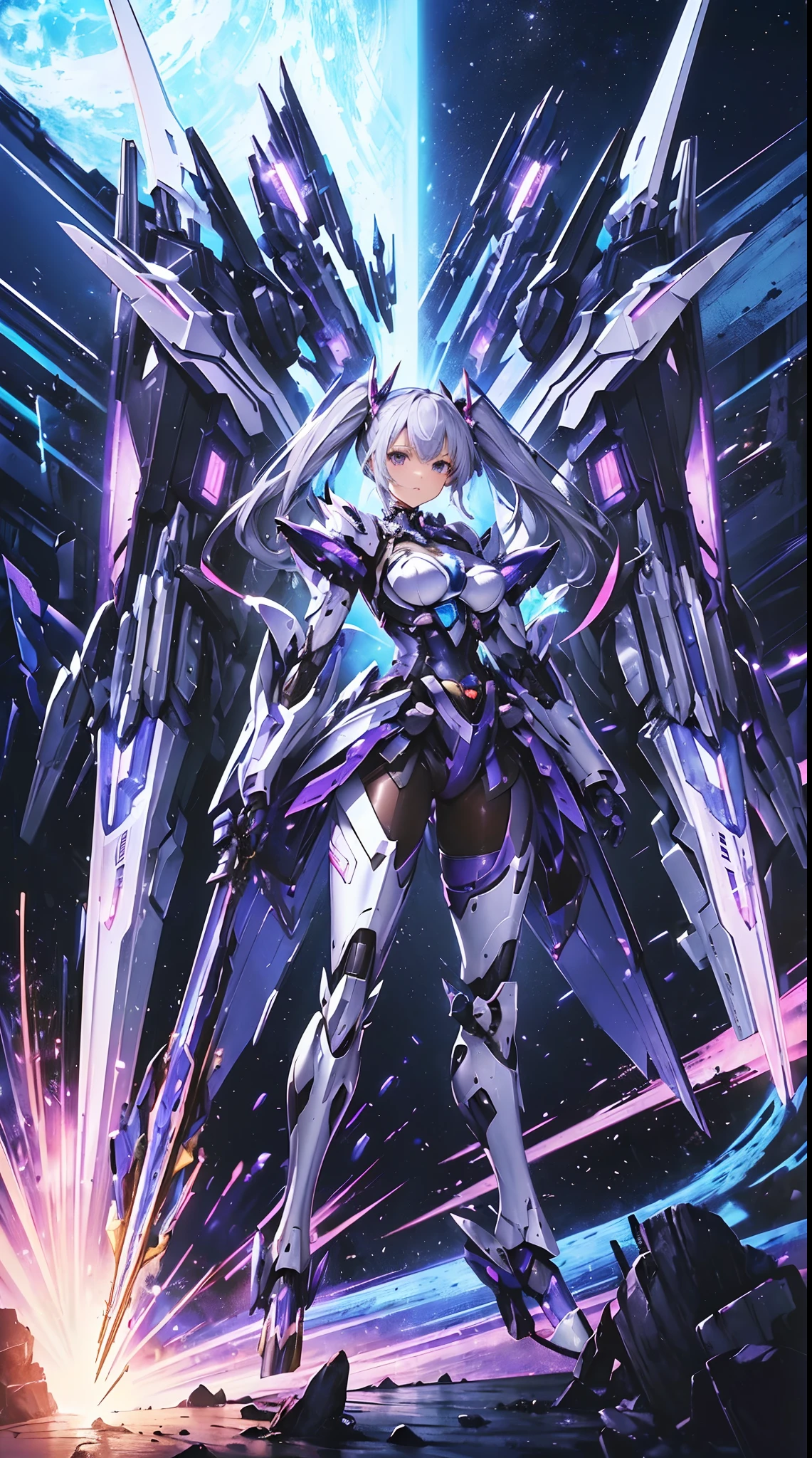 <lora:aaa_Details_CyberAIchemist_add_detail:0.0> <lora:aaa_Details_Lykon_more_details:0.5>
1girl, [small breasts], (pink eyes:1.2), glowing eye, from above, looking at viewer, 
pigtails hair, 
blue hair, hair between eyes, 
standing,
intricate mechanical bodysuit, ancient japanese architecture, pond, starry sky, skyline
<lora:Attire_rerorerorero_SuperMecha:0.75>,
mecha musume, mechanical parts, , full armor, super robot joints,
masterpiece, best quality, ultra-detailed, very detailed illustrations,extremely detailed, intricate details, highres, super complex details, extremely detailed 8k cg wallpaper, cowboy shot, caustics, reflection, ray tracing, demontheme, nebula, dark aura, cyber effect