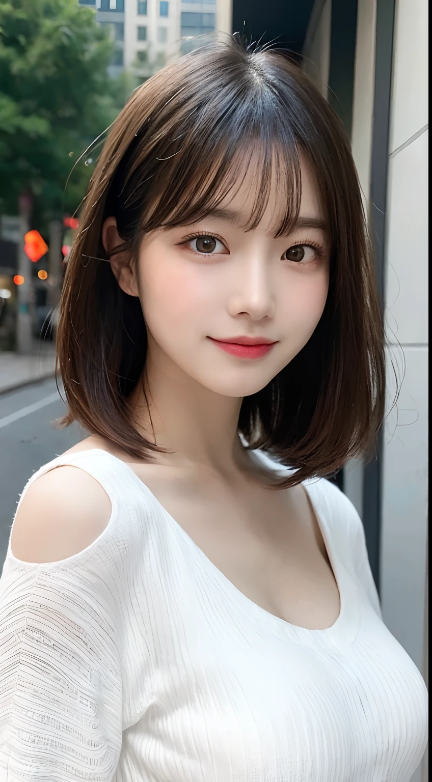 randome pose, mix4, (8K, Raw photography, top-quality, ​masterpiece: 1.45), (realisitic, Photorealsitic: 1.37), one girls, cute little, A smile、Cityscape, natta, profetional lighting, plain,a park,photon maping, Radio City, physically-based renderingt, Gradient black hair, white  hair, Straight short bob cut,gals,a handsome, girl with, large full breasts,long-sleeve,Manteau,Autumn clothes,Autumn outfit,top quality photo, hight resolution, 1080p, (clearface), (Detailed face description), (Detailed hand description), (​masterpiece), realisticlying, extreme light and shadows, dishevled hair, ​masterpiece, lush detail, (Fine facial features), (Highest Quality Photos), (​masterpiece), (finely eye), dual、Look in front of you, Fine clavicle,Emphasis on the armpits、Show lower milk,