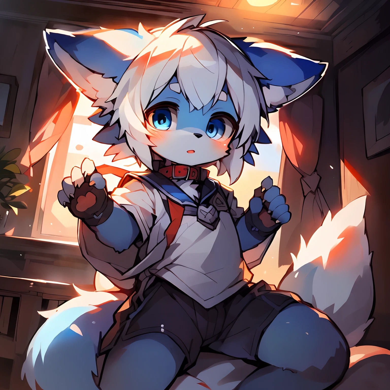 Masterpiece, high quality portrait, 16k, Furry,( White_Hair, Blue eyes, Blue fur:1.2), Fox, cub, solo child boy, Collar, a sailor suit, Ultra shorts,skin_Fang, warm lights, posing on a, Ears down,Bedrooms, Full shot,author：Sumi Kuroi, Yupa,Kiyosan