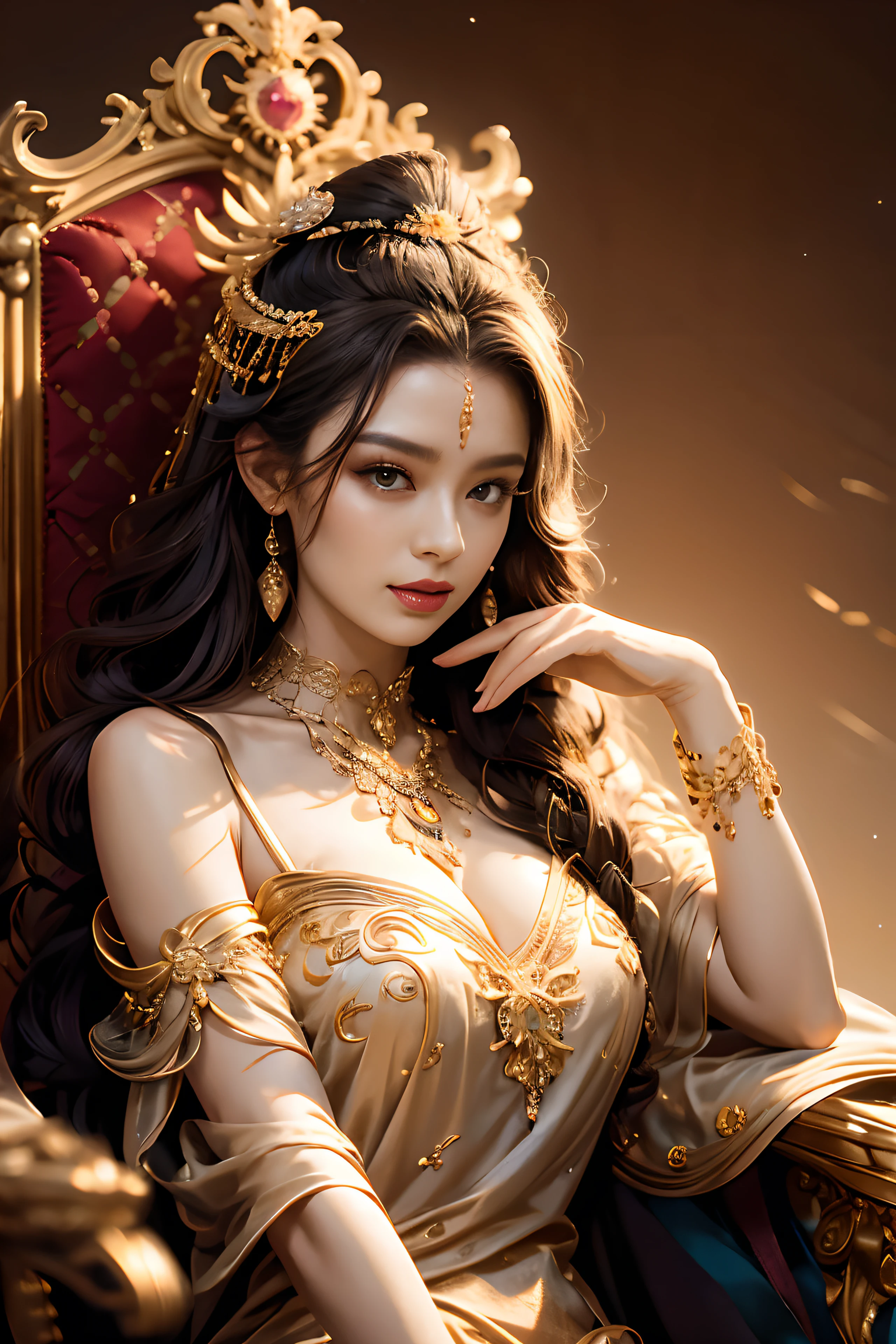 Noble goddess，Scepter in hand，Elegant temperament，mystical ambiance，Best quality、tmasterpiece、A high resolution、1girll、Sheer silk porcelain dress、Nice face、hair adornments、looking at viewer、shift dresses、hair adornments、choker necklace、jewely、long black hair、earring、pretty  face、Sit in a golden chair，Ancient mythology、Ancient palaces，Luxurious and detailed background、hentail realism、profesional lighting、edge lit、bicolor lighting、（highdetailskin：1.2）、8K, Ultra HD、Digital SLR、softlighting、high quality，Volumetriclighting，High resolution 4K，blur background，high contrast，largevaperture，automatic white balance，cinematic compositions，realisticlying