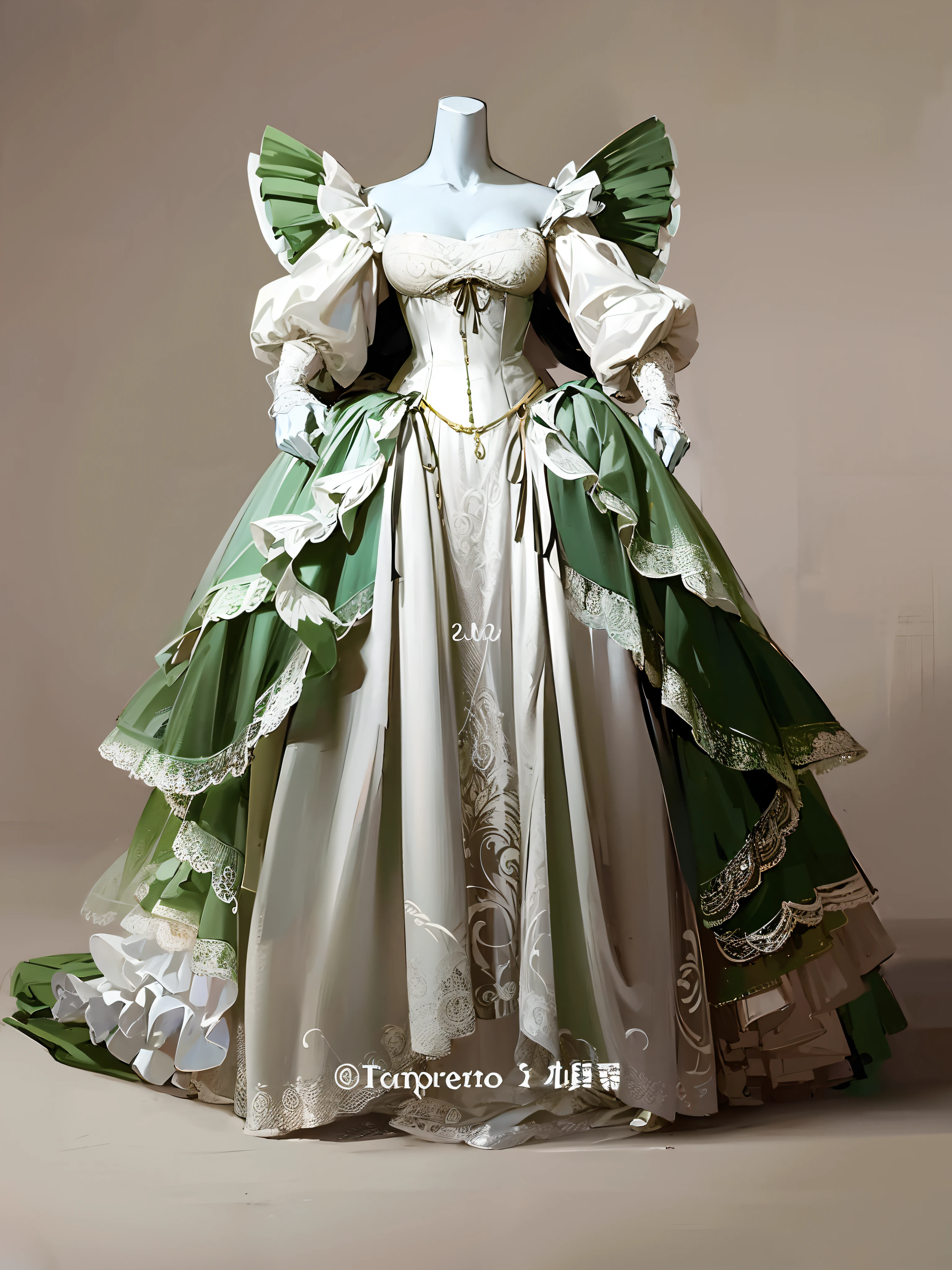 Full body like,Two-dimensional style,style of anime,Close-up of dress of mannequin in green and white dress, Victorian dress, historical baroque dress, intricate victorian dress, Rococo dress, victorian style costume, dress in the style of rococo, dreamy dress, high quality theatre costume, victorian inspired clothing, baroque dress, costume design made with love, rococo ruffles dress, Wear it with Victorian outfits,Works of masters
