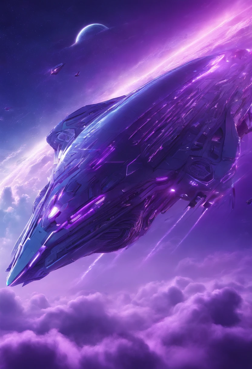 Futuristic alien spaceships flying abovethe clouds, dark sky, purple lighting, rain,lightning, hyper realistic, highly detailed,8k