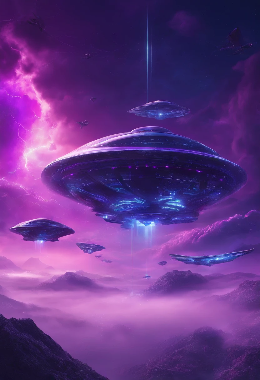 Futuristic alien spaceships flying abovethe clouds, dark sky, purple lighting, rain,lightning, hyper realistic, highly detailed,8k