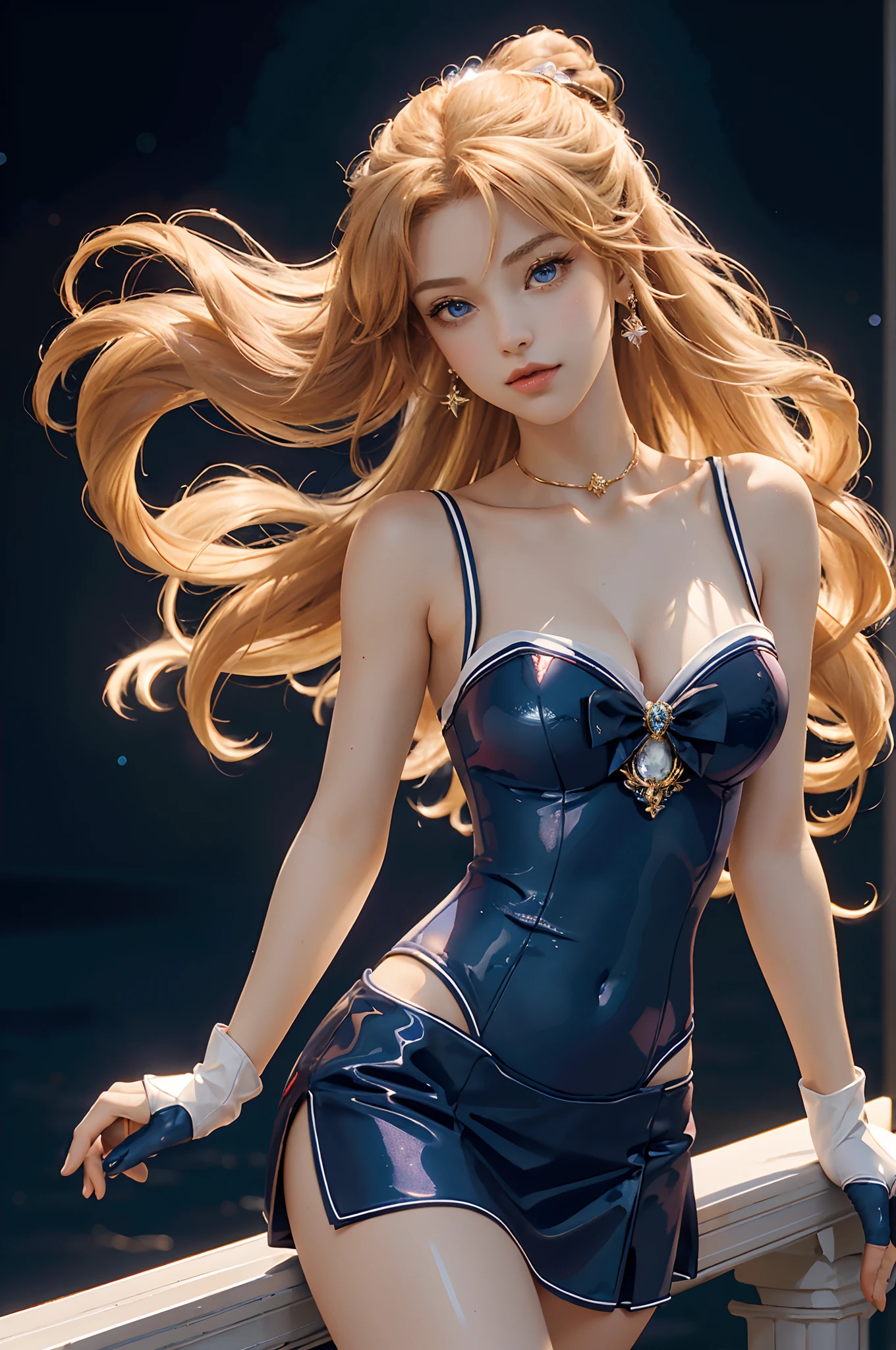 Masterpiece, Full: 1.3, Stand, 8K, 3D, Realistic, Ultra Micro Shooting, Top Quality, Extreme Detail CG Unity 8K Wallpaper, from below, intricate details, (1 female), 18 years old, (Sailor Moon supersailormoon mer1, Tiara, Sailor Senshi Uniform Sailor: 1.2, Sailor Moon: 1.2), Impossibly long bright twin-tailed blonde, thin and very long straight twin-tailed blonde, hair bun, red round hair ornament in a hair bun, Sailor Senshi uniform, (blue collar, blue sailor collar, blue pre-gate mini skirt: 1.3, very large red bow on the chest: 1.3, long white latex gloves: 1.3, red gloves on the elbows, Very large red bow behind the waist: 1.1, cleavage is looking large, golden tiara, earrings), (face details: 1.5, bright blue eyes, beautiful face, beautiful eyes, shiny eyes, thin lips: 1.5, thin and sharp pale eyebrows, long dark eyelashes, double eyelashes), luxurious golden jewelry, thin, thin and muscular, small face, big breasts, perfect proportions, Thin waist, sexy model pose, visible pores, seductive smile, perfect hands: 1.5, high-leg swimsuit, very thin and fit high-gloss white holographic leather, octane rendering, very dramatic image, strong natural light, sunlight, exquisite lighting and shadow, dynamic angle, DSLR, sharp focus: 1.0, Maximum clarity and sharpness, (space background, moonlight, moon, dynamic background, detailed background)