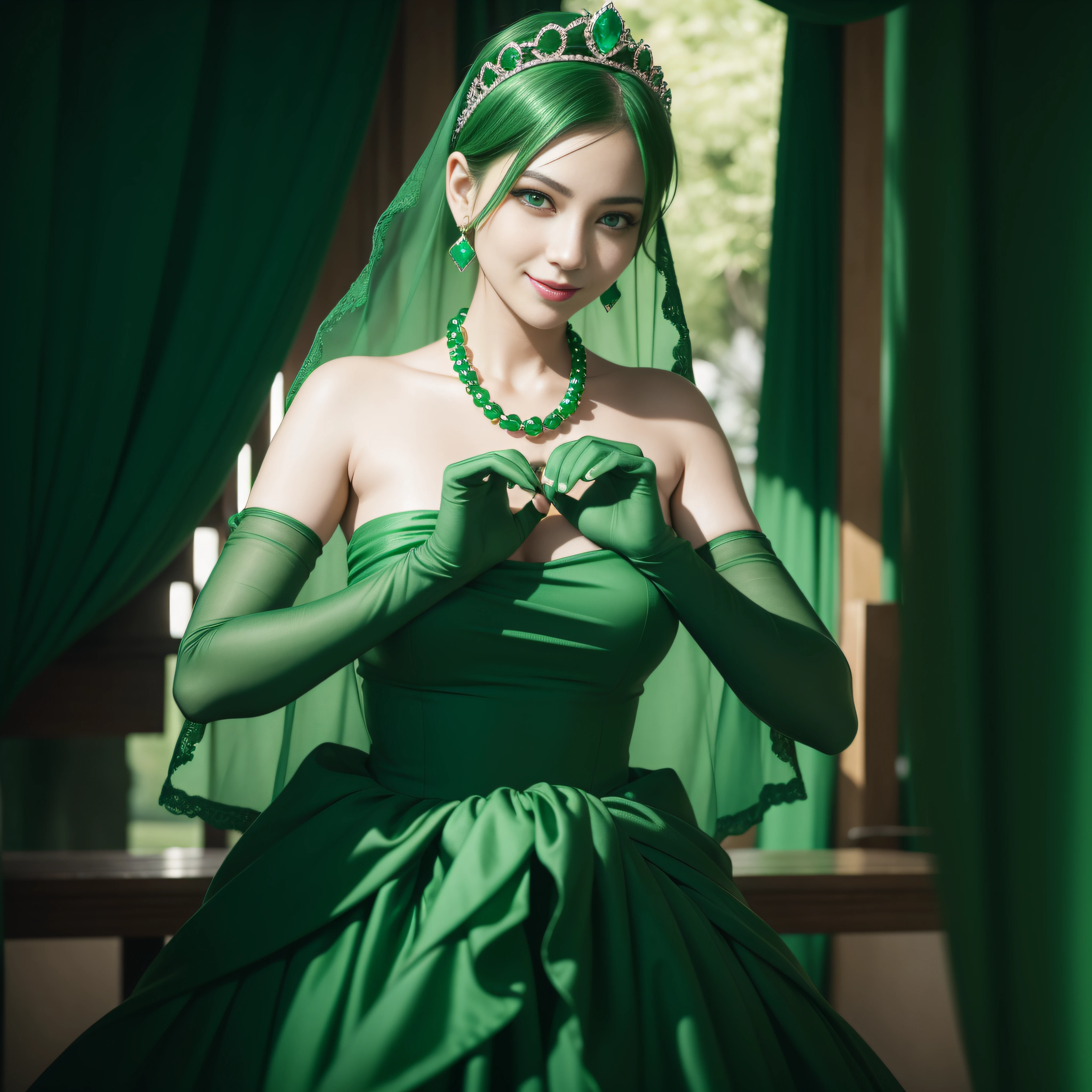 emerald tiara, Green Pearl Necklace, Boyish very short green hair, lipsticks, Japan woman smiling, very short short hair, big breasts beautiful, Green eyes, Long green gloves made of satin material, Emerald Earrings, green vale, Heart with both hands