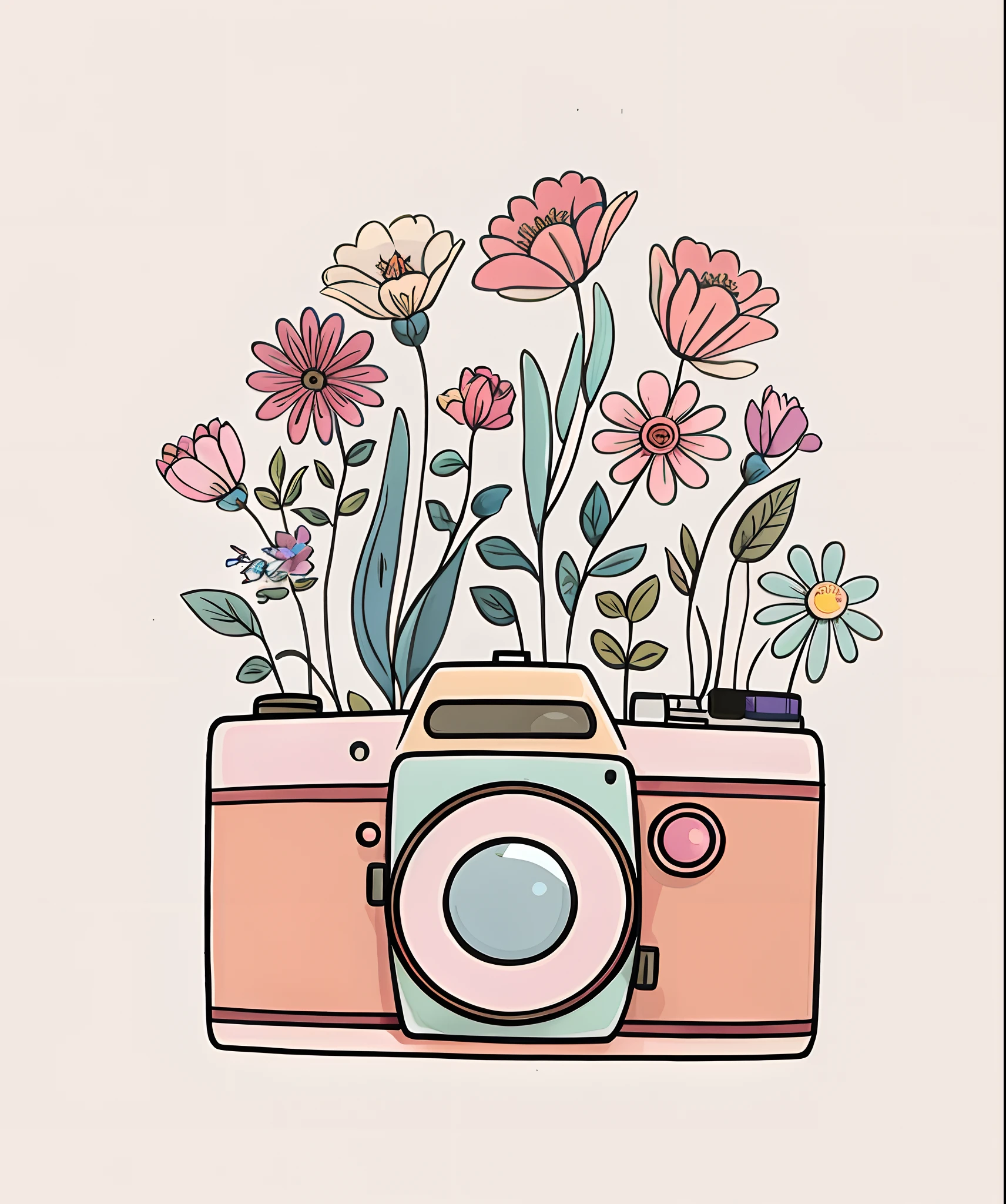 There is a camera，There are flowers inside，Pink and blue, The camera blooms, Color film camera, Film camera style, Colorful Pentax camera, nature and floral aesthetics, illustration line art style, Vintage camera, colored photography, 8 0 seconds camera, style of photography, beautiful cameraphone, DSLR camera color, phography, illustrated in whimsical style