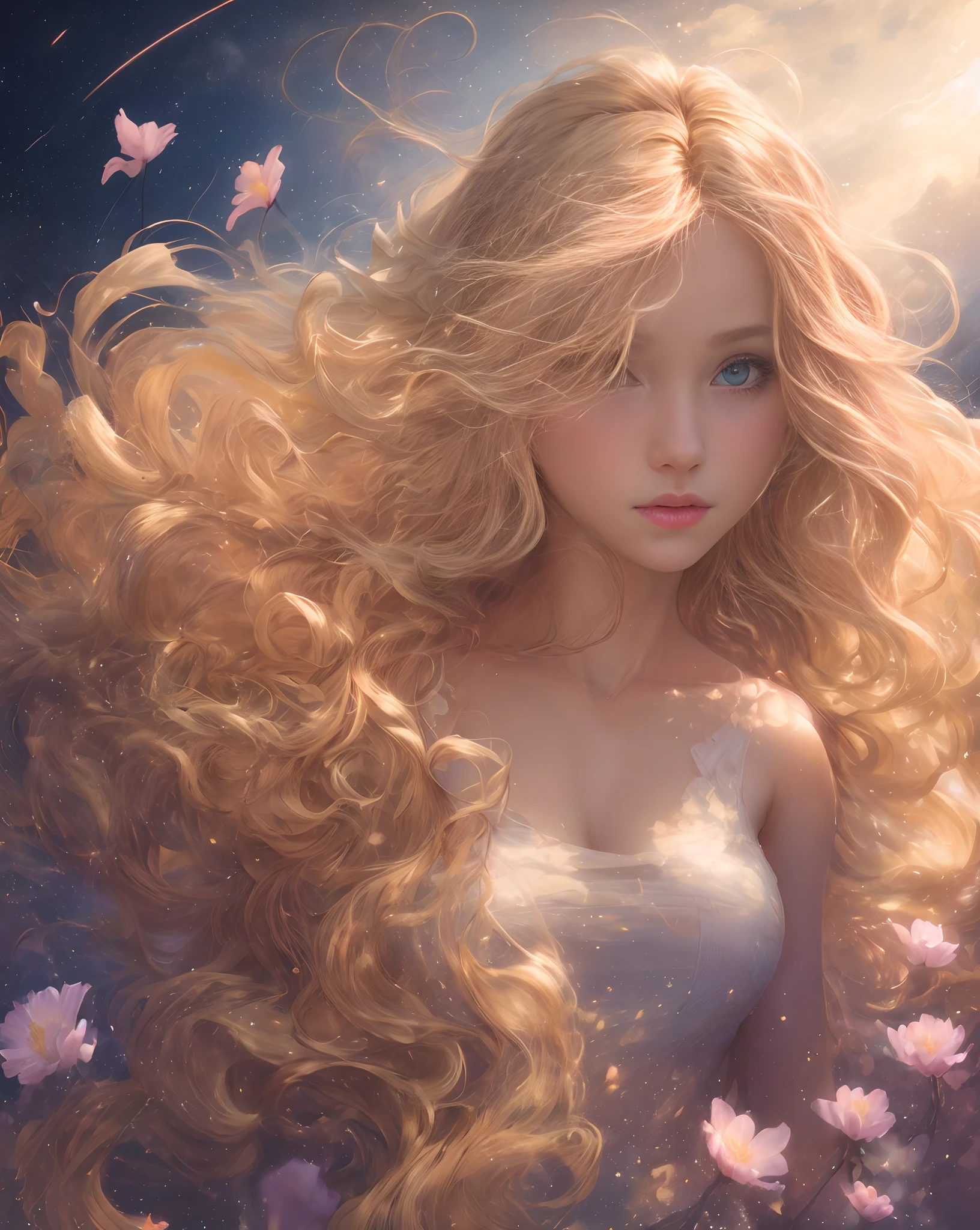 (best quality, masterpiece), young woman, pose, particle, wind, flower, upper body, simple background, looking at viewer, long curly windblown blonde hair, galaxy,backlit,rimlight,beautiful artwork,perfect composition