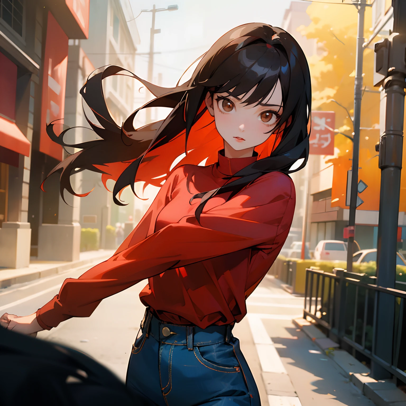 Anime, 1girl, (masterpiece), best quality, expressive eyes, perfect face, young adult, asian, black hair, hair length till shoulders, brown eyes, red lips, light red long sleeved tshirt, skinny denim trousers, elegant, clear focus, shot by greg rutkowski, soft lighting, vibrant colors, ((street)), dynamic pose