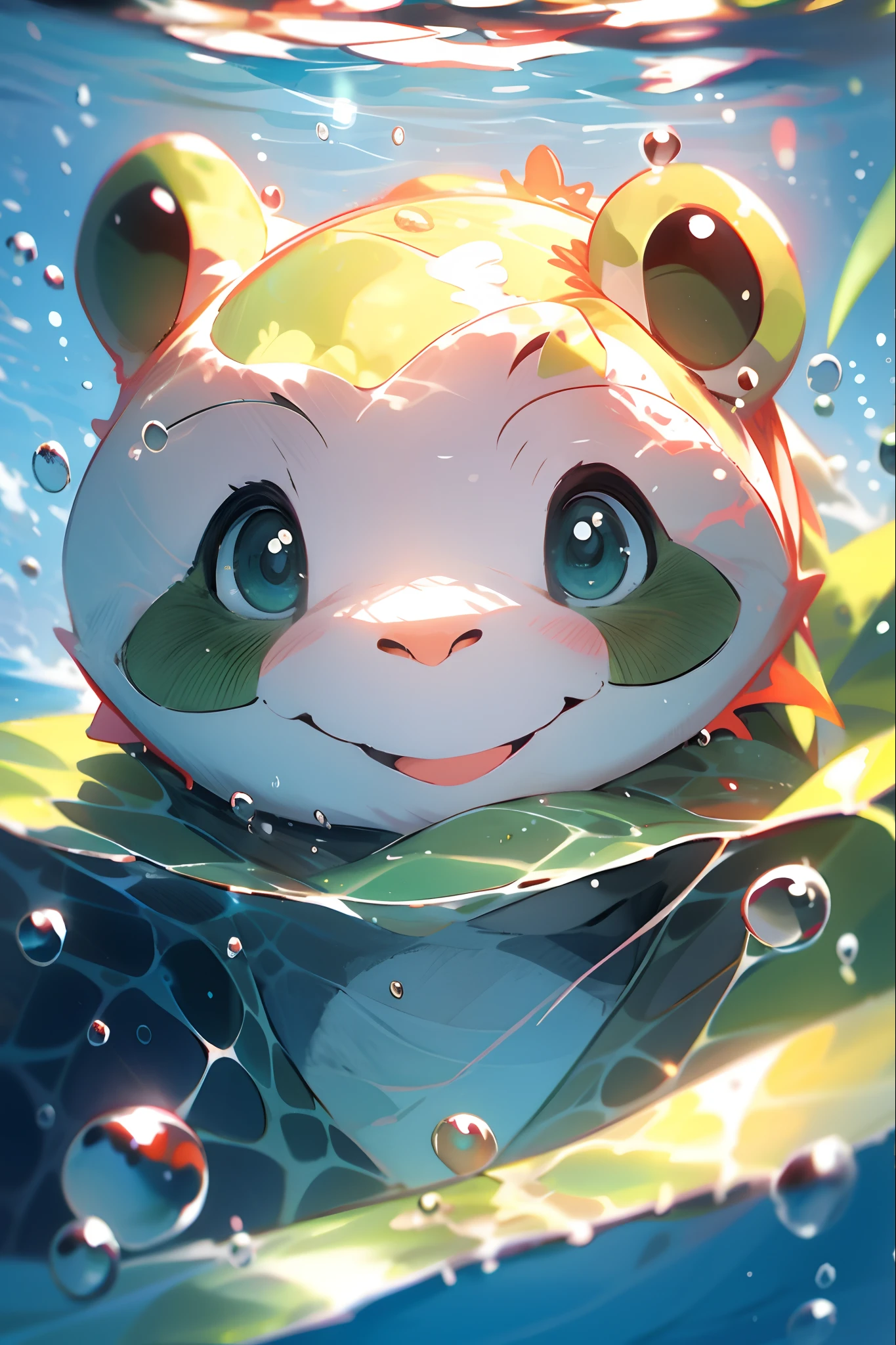 1 cute frog, close-up face, Portrait, Furry, No Man, In water, ocean floor, Swimming, Blisters, Buble, More details, Saturated colors, cute smiling, Best quality, 8K, High saturation