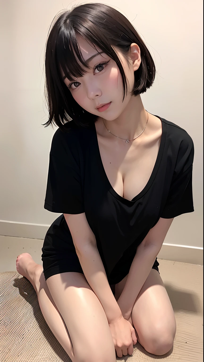 (top-quality、8K、32K、​masterpiece、nffsw:1.2)、Photo of a cute Japanese woman、Black short hair、beauitful face、(Slouched:1.3)、crouching down、(From  above:1.2)、(a closeup:1.4)、POV、Loose-fitting T-shirt、large full breasts:1.2、(beautiful nipple slips:0.9)、outside of house、the wind、shinny skin、blurry backround、Very embarrassing