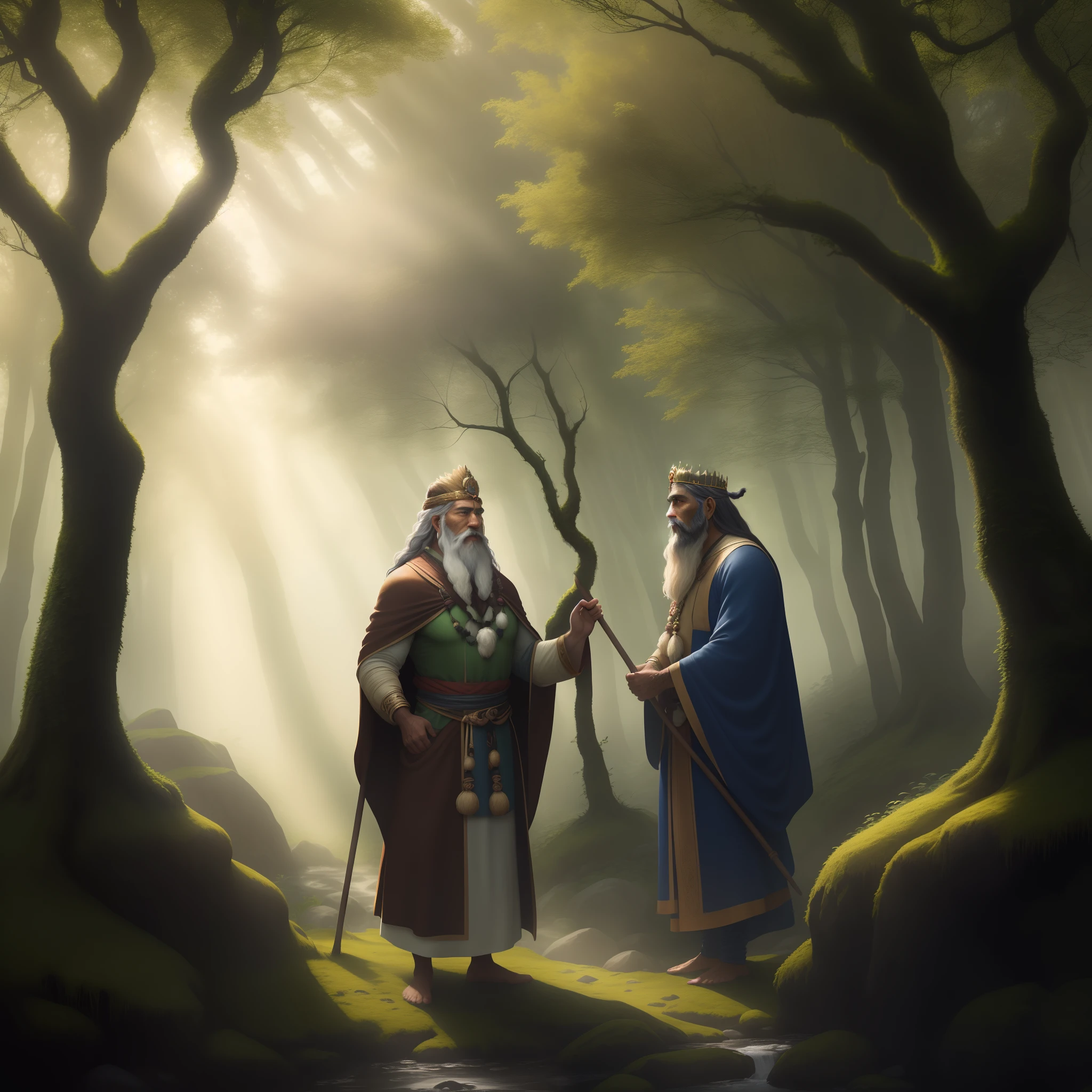(best quality,4k,8k,highres,masterpiece:1.2),ultra-detailed,physically-based rendering,professional,strong druid,bearded Indian man,wearing golden crown,wrinkled face,powerful muscles,join hands,wise eyes,dark blue robe,holding a staff,magical runes,ancient tree in the background,misty forest,soft sunlight filtering through the trees,enchanted atmosphere,mythical creatures in the distance,moss-covered stones,serene and tranquil,color palette with earthy tones,subtle green and brown shades,calm and mysterious lighting,harmonious blend of warmth and coolness
