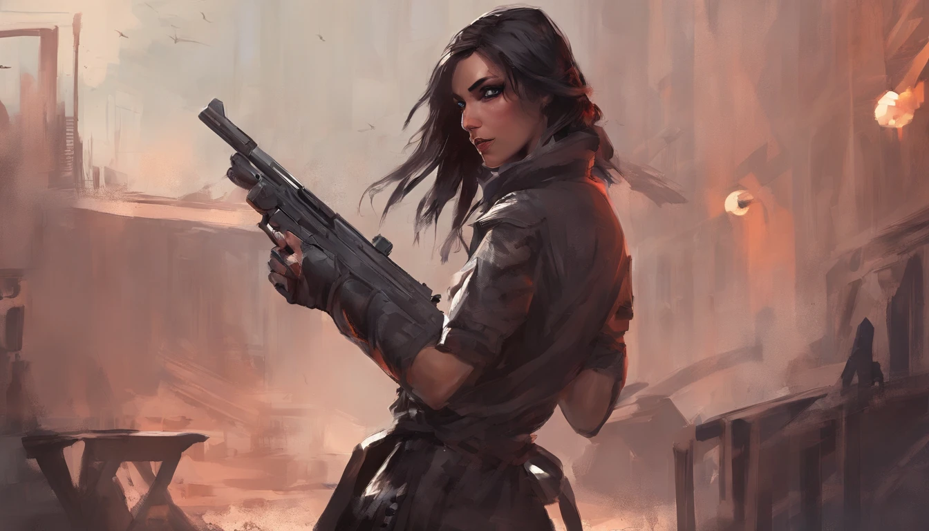 Attractive female assassin holding a gun