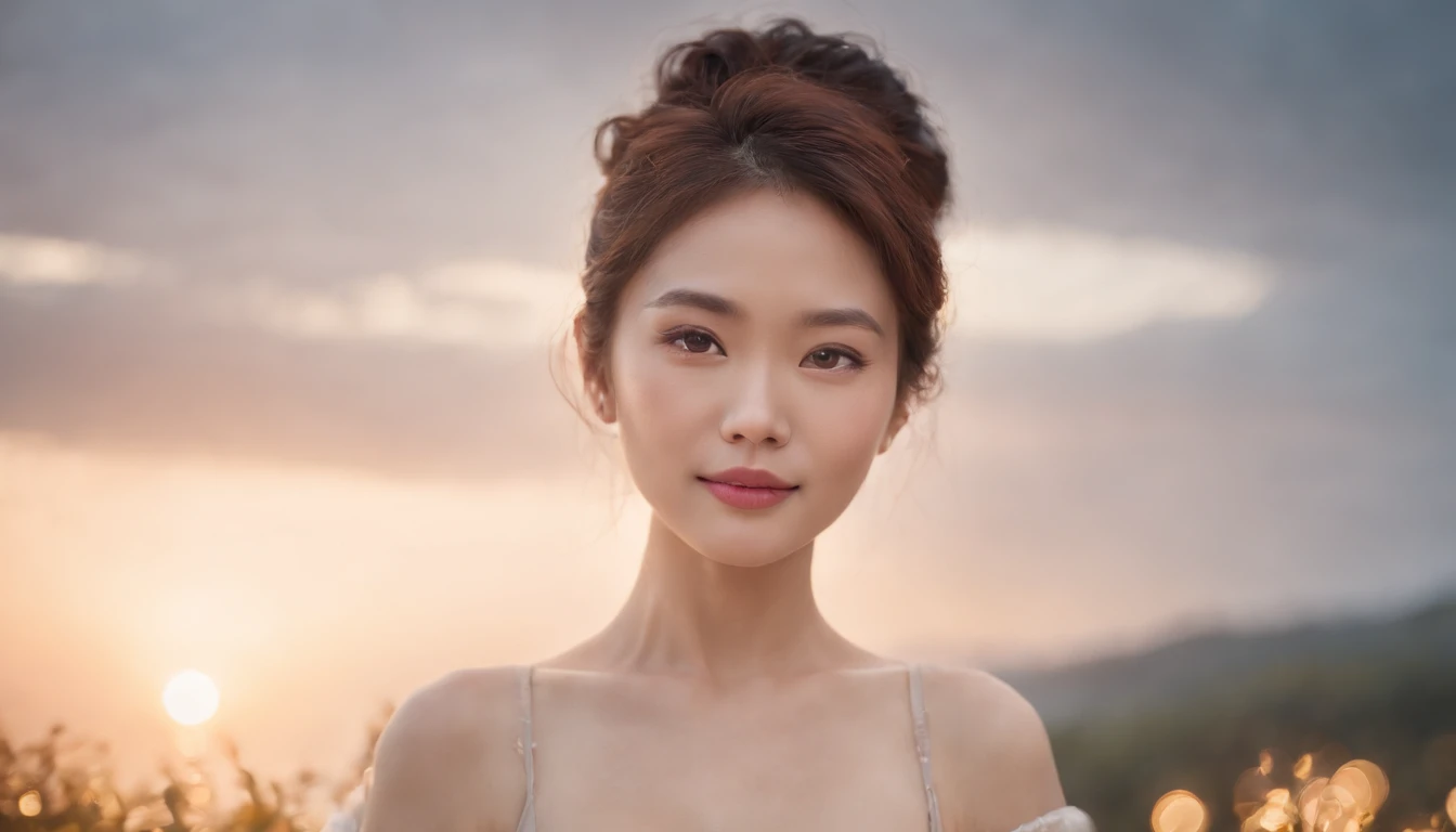 Photo portrait of a pensive chinese woman with sparkling eyes,((short curly hair), (((upper body, huge breast))),masterpiece, best quality, 8K, HDR, highres, absurdres:1.2,Kodak Ektar 100,detailed skin,   dark background,  eye level, looking at viewer, Moonlit . 35mm photograph, film, bokeh, professional, 4k, highly detailed, Smiling happily,in the style of Nathan Wirth