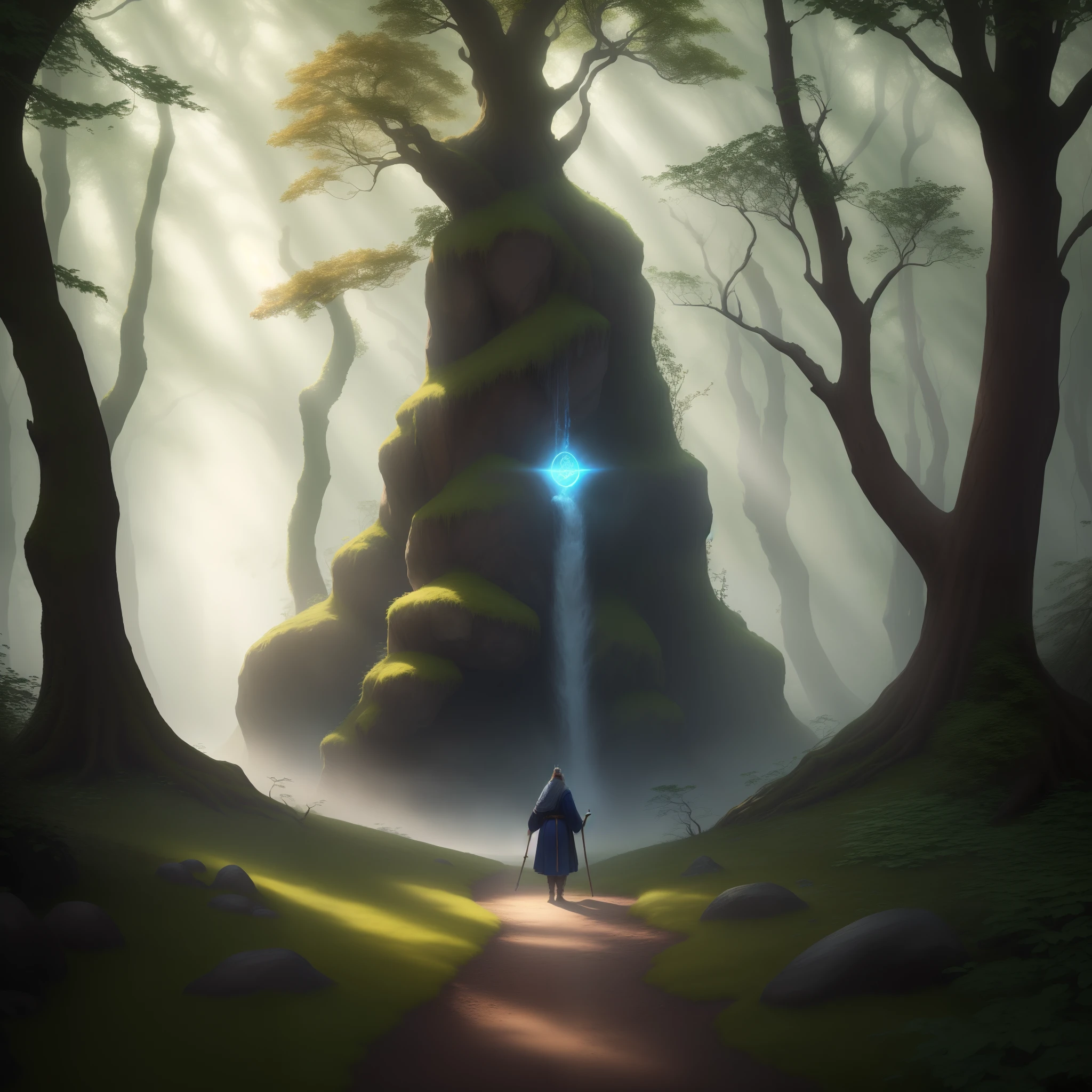 (best quality,4k,8k,highres,masterpiece:1.2),ultra-detailed,physically-based rendering,professional,strong druid,bearded Indian man,wearing golden crown,wrinkled face,powerful muscles,join hands,wise eyes,dark blue robe,holding a staff,magical runes,ancient tree in the background,misty forest,soft sunlight filtering through the trees,enchanted atmosphere,mythical creatures in the distance,moss-covered stones,serene and tranquil,color palette with earthy tones,subtle green and brown shades,calm and mysterious lighting,harmonious blend of warmth and coolness