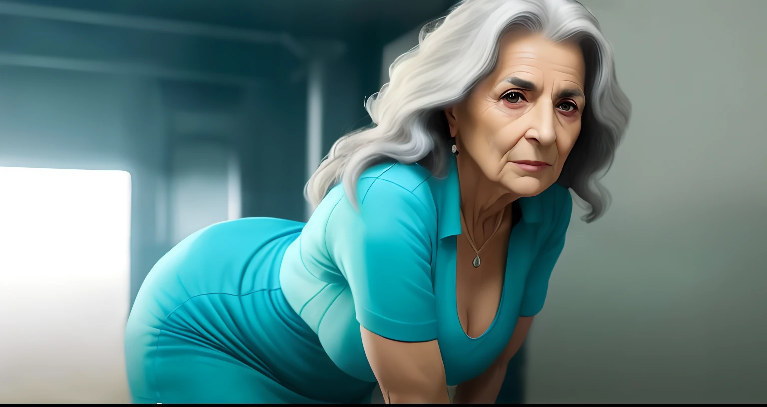 older woman in blue dress leaning on a toilet in a bathroom, older woman, barbara hammer 4 k, elderly greek goddess, 70 years old, 7 0 years old, highly realistic digital art, she is about 6 0 years old, very realistic digital art, oil painting of realistic woman, old woman, white haired lady, gandalf as a woman