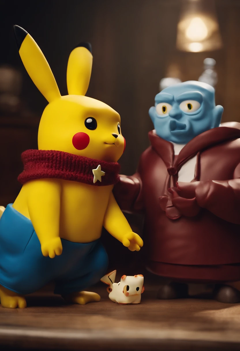 Tony Soprano and SpongeBob SquarePants executing an ugly man wearing a maroon sweater with blue stripes wearing a necklace with a clay pikachu