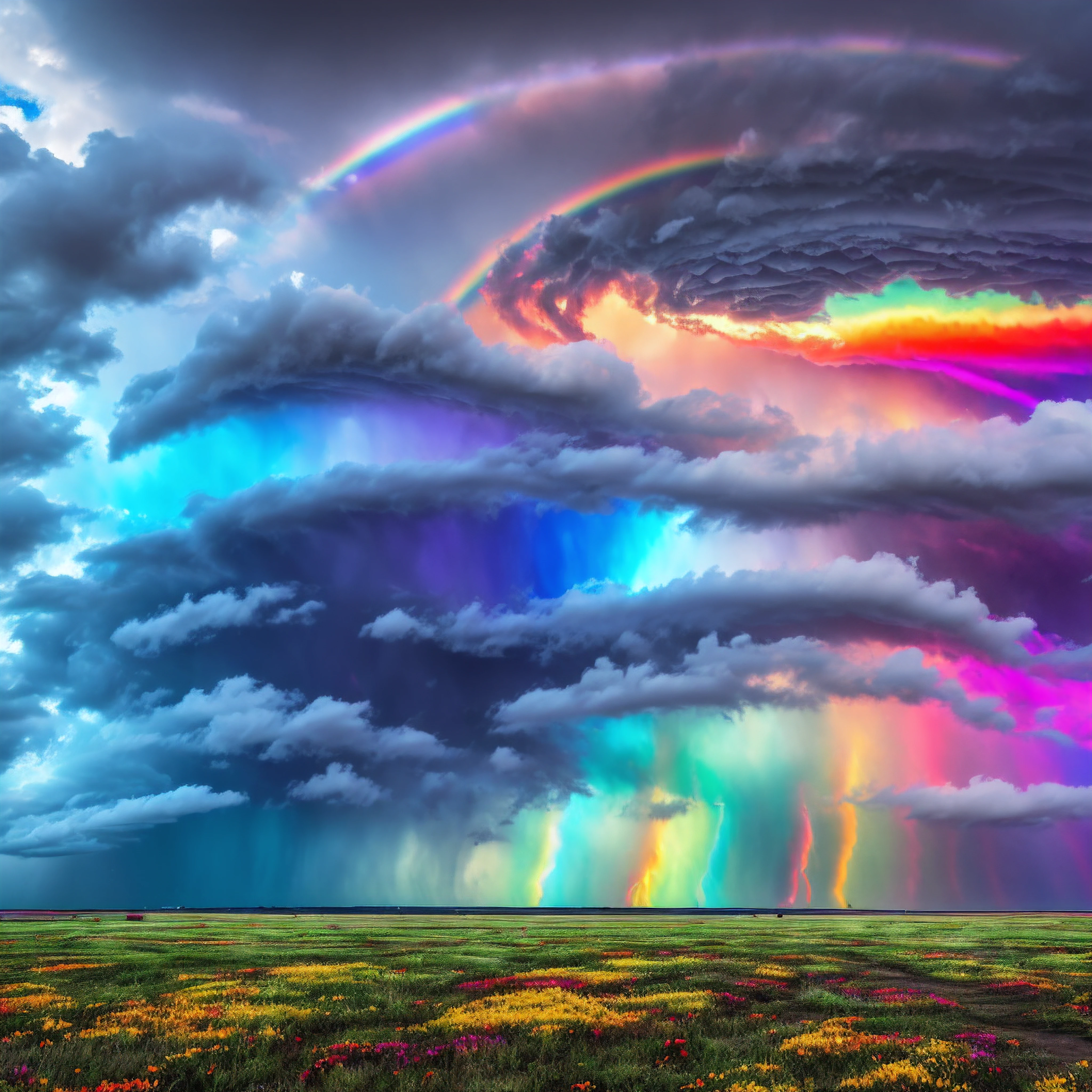 The menacing funnel cloud swirled violently, whipping debris into the air as it carved a path of destruction across the landscape. But instead of dark grays and blacks, this tornado glowed with vibrant streaks of color.
Shimmering hues of red, orange, yellow, green, blue, indigo, and violet swirled within the vortex, making it appear as if a beautiful rainbow had been trapped within the deadly twister. The bright bands of color danced and shifted as the winds intensified.
The multi-colored tornado contrasted starkly against the plains stretching out beneath it. The rich tones stood out brilliantly against the backdrop of farmland, almost appearing otherworldly in their intensity. As the rainbow tornado barreled forward, tails of colorful mist trailed behind, raining down prisms of light.
Witnesses stared awestruck at the phenomenal sight, even as they scrambled desperately for cover. While most tornadoes bring a sense of impending doom, this one was strangely beautiful, captivating with its vivid, kaleidoscopic hues. But its beauty did not mean it wasn't just as dangerous as its more common gray counterpart.
The rainbow tornado left behind both beauty and destruction, scribing its colorfully swirling path of ruin across the landscape. A cold comfort to those in its wake, perhaps, that something so deadly could also appear so wondrously vivid against the monochrome sky.