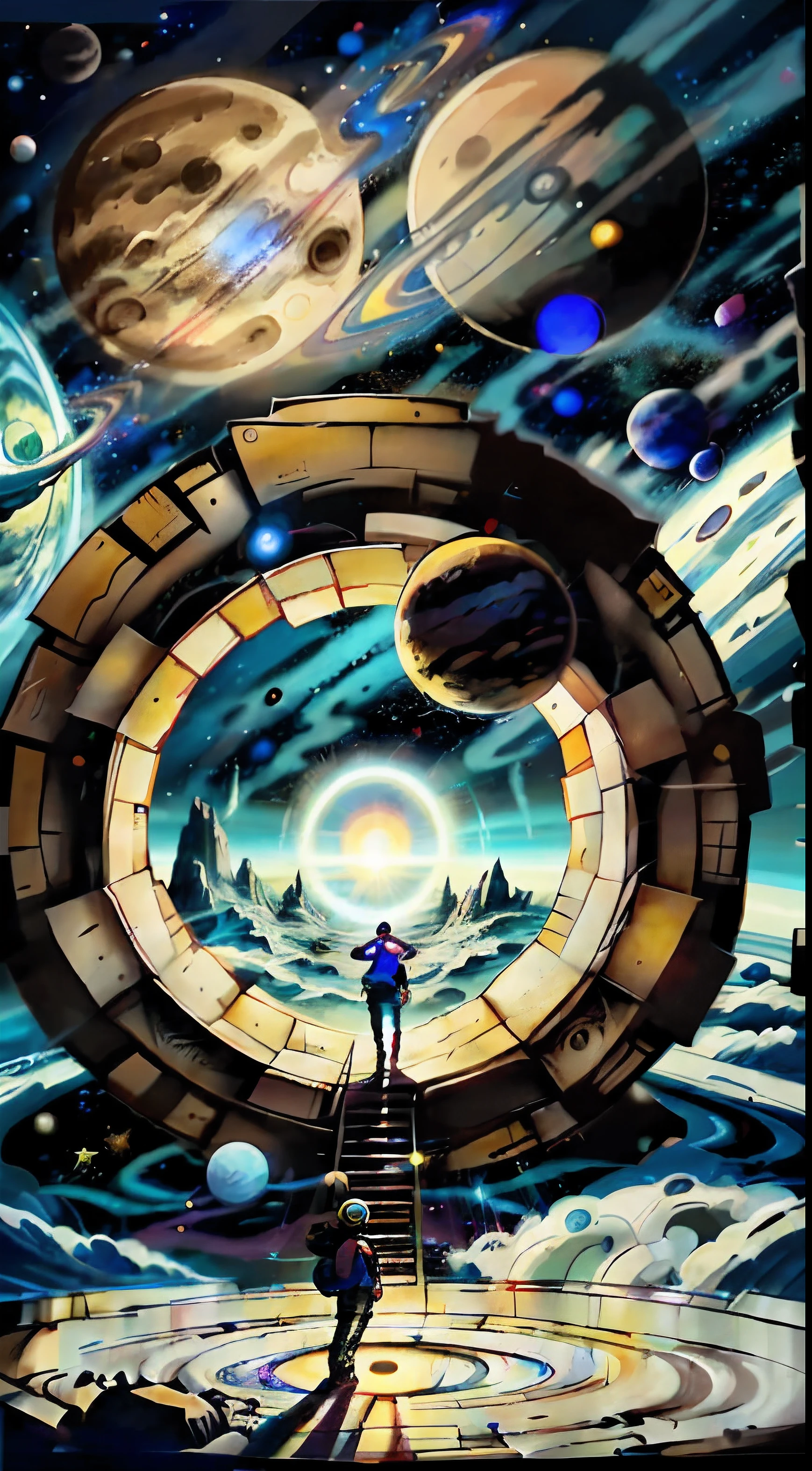 person, standing in front of a space portal overlooking the sun, Cyril Rolando and Goro Fujita, A portal to another universe, inspired by Cyril Rolando, Portal to another dimension, world, visible only through the portal, high quality fantasy stock photo, Portal to another world, Portal to outer space, in the style of Cyril Rolando, Looking into space, universe, Magical Galactic Portal, The Cycle of the Stars, God