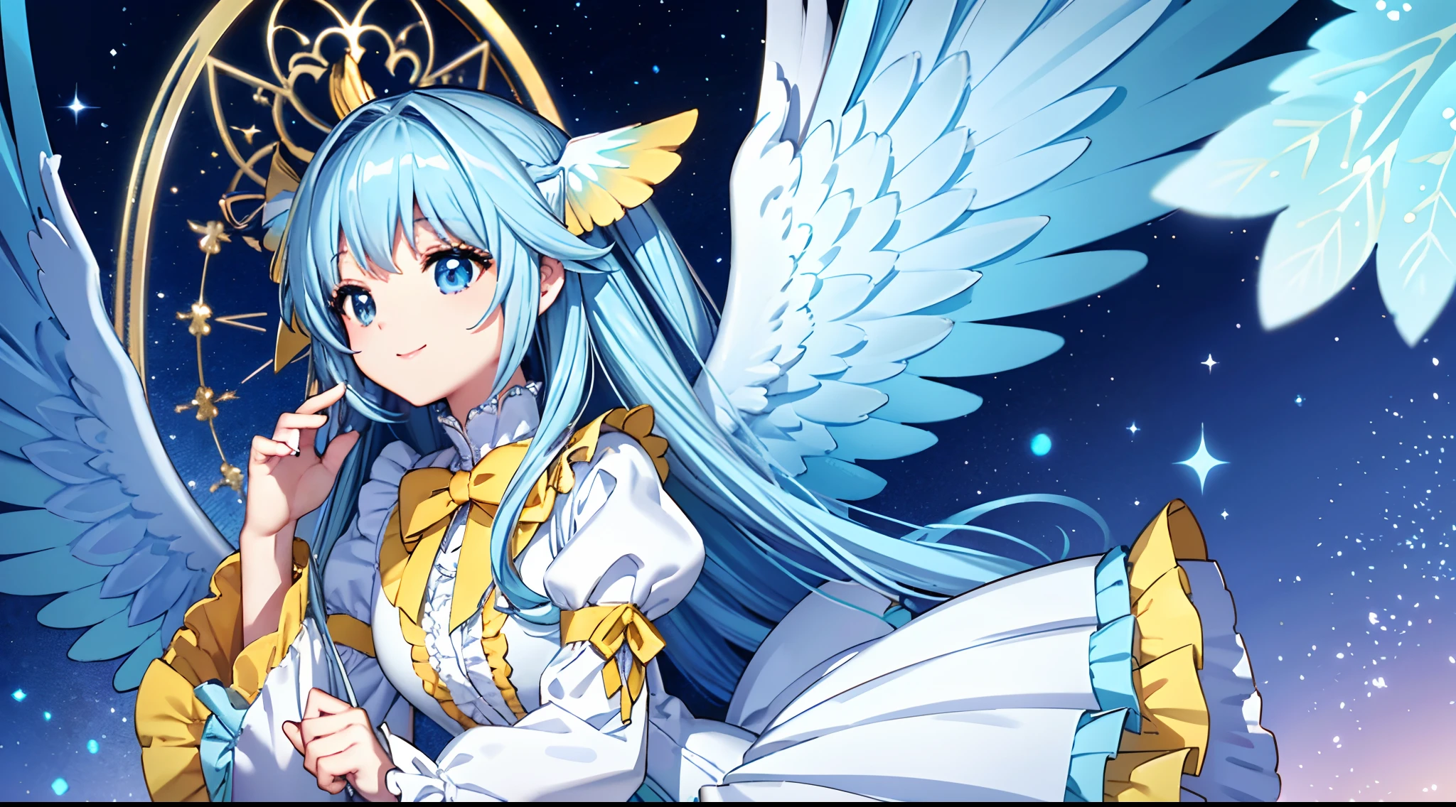 Big big wings of iridescent angel、1 kawaii girl、adorable smiling、Light blue long hair、Twin-tailed、Colorful angel costume in white and yellow and blue and pink Lolita style with lots of frills、((top-quality))、((​masterpiece))、(ighly detailed、highestdetailed、Official art、Beautifully Aesthetic:1.2)