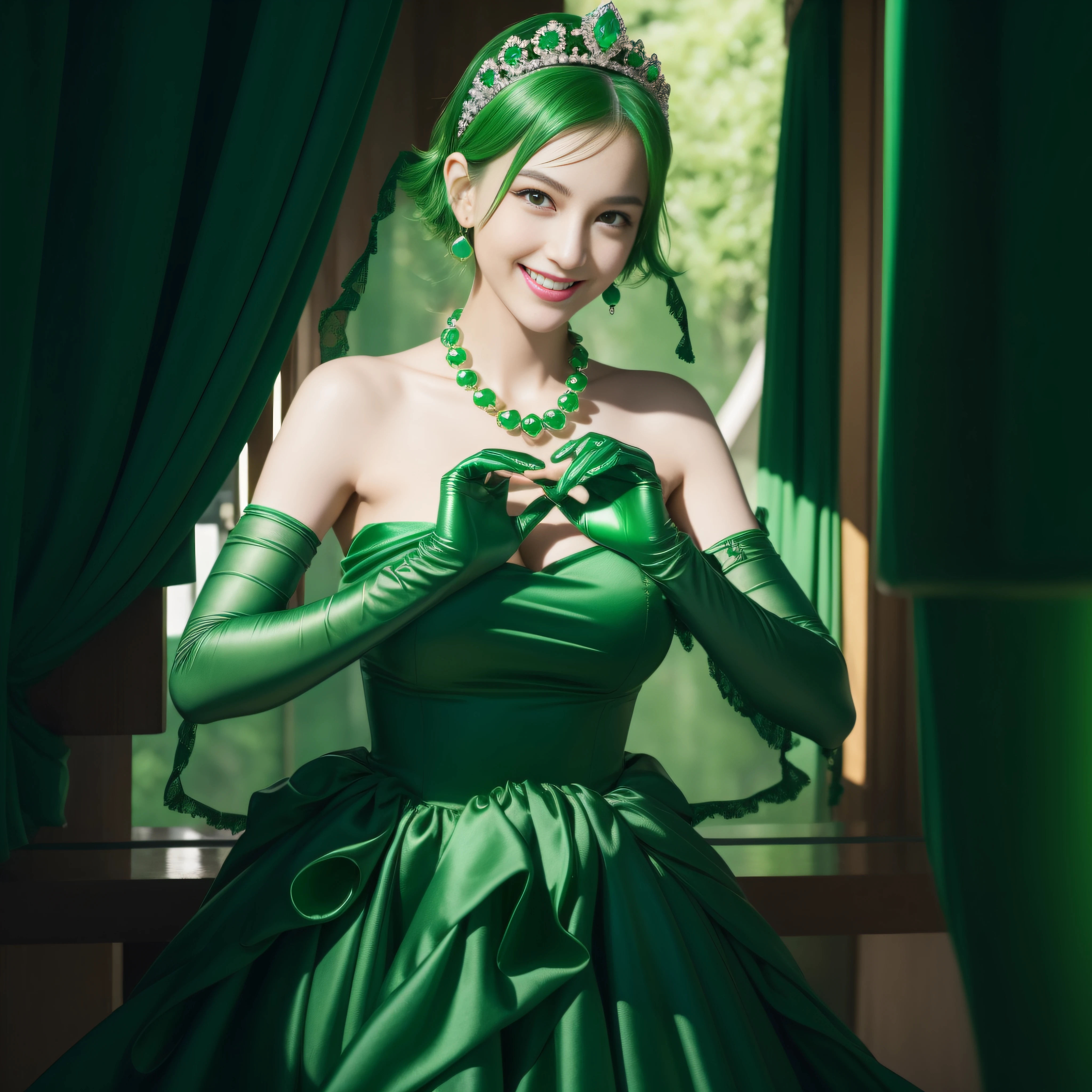 emerald tiara, Green Pearl Necklace, Boyish very short green hair, lipsticks, Japan woman smiling, very short short hair,  big breasts beautiful, Green eyes, Long green gloves made of satin material, Green eyes, Emerald Earrings, green vale, Heart with both hands,Green hair