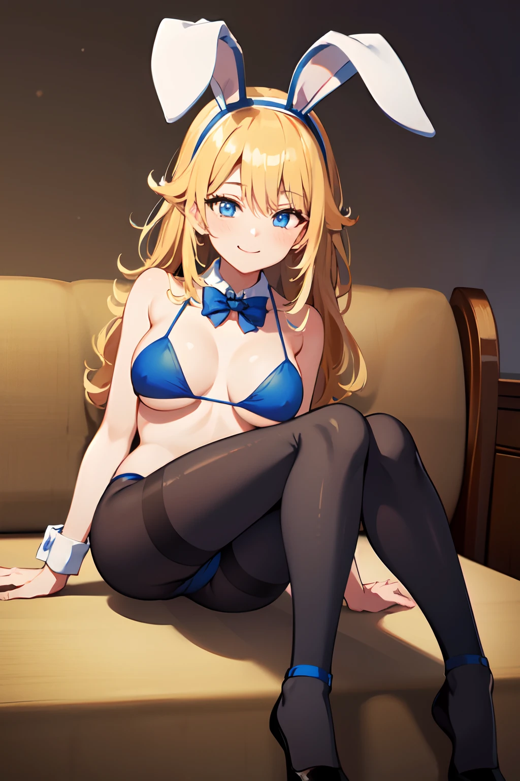 hight resolution、masterpiece、1girl in, 独奏, Smile, DQJESTER, Curly hair, fake rabbit ears, blue string bikini, bowtie, pantyhose, Wrist cuffs