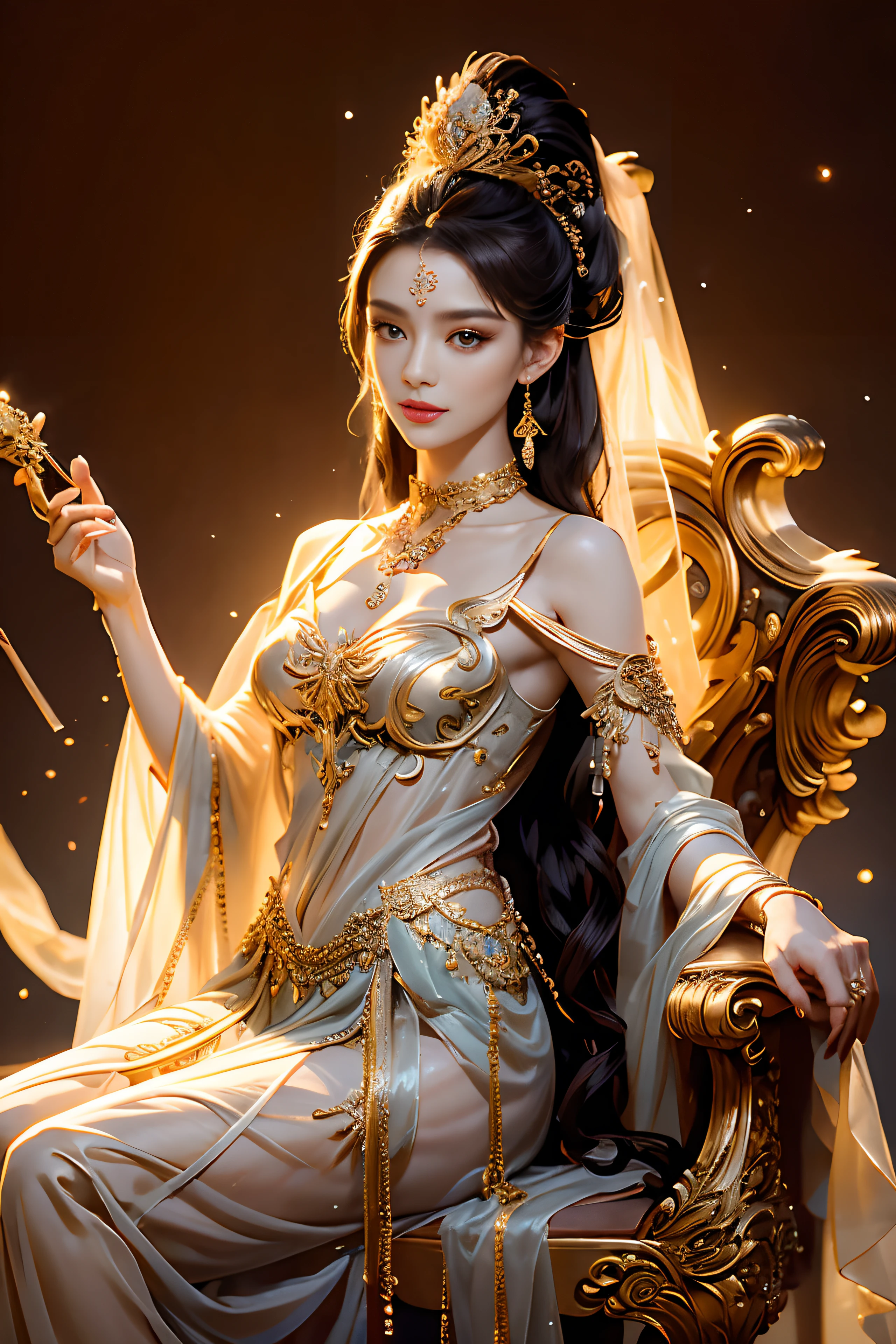 Noble goddess,Scepter in hand,Elegant temperament,mystical ambiance,Best quality、tmasterpiece、A high resolution、1girll、Sheer silk porcelain dress、Nice face、hair adornments、looking at viewer、shift dresses、hair adornments、choker necklace、jewely、long black hair、earring、pretty face、Sit in a golden chair,Ancient mythology、Ancient palaces,Luxurious and detailed background、hentail realism、profesional lighting、edge lit、bicolor lighting、(highdetailskin:1.2)、8K, Ultra HD、Digital SLR、softlighting、high quality,Volumetriclighting,High resolution 4K,blur background,high contrast,largevaperture,automatic white balance,cinematic compositions,realisticlying