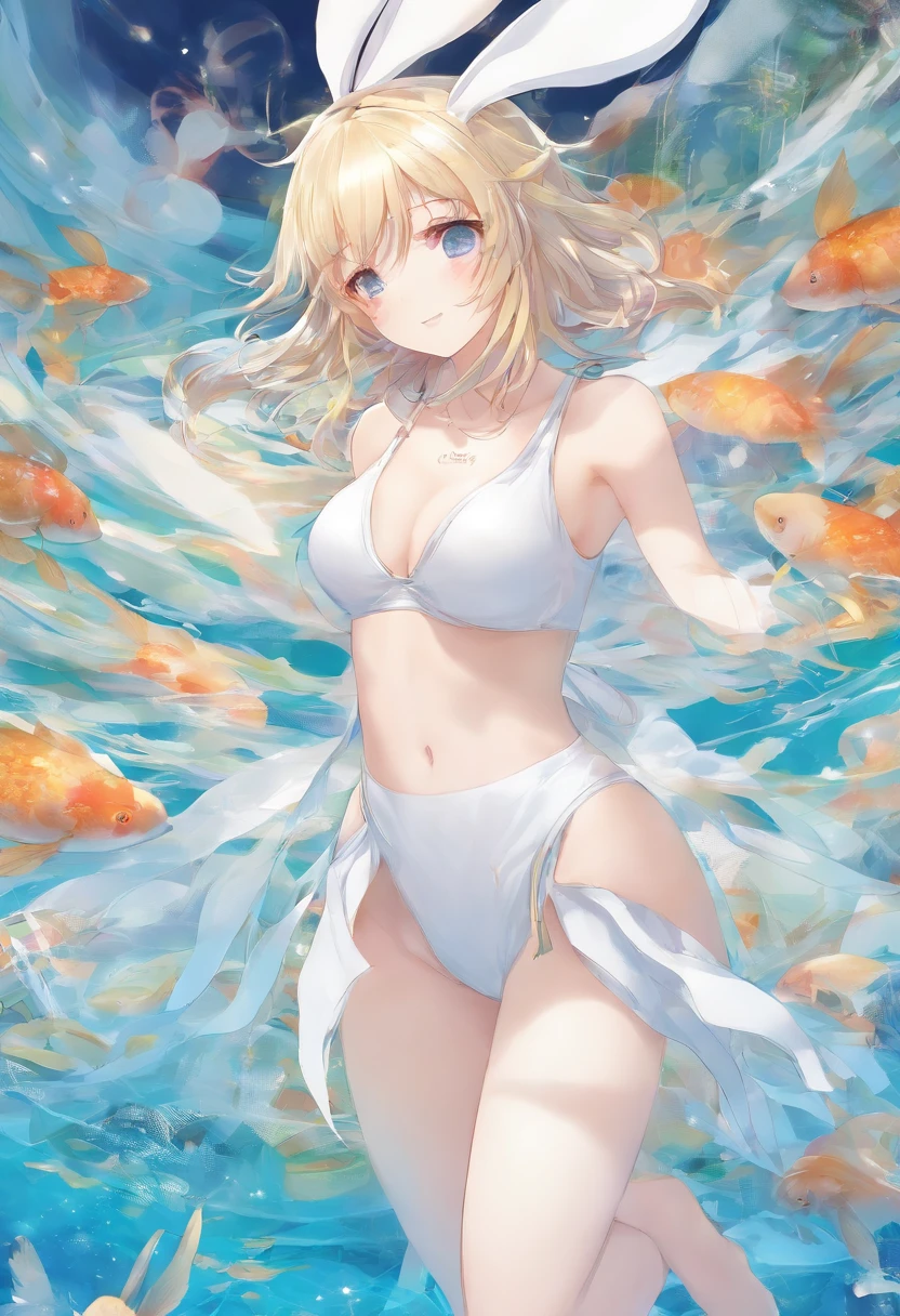 White transparent skinny swimsuit。with his back to the viewer，hindquarters，White stockings，with short golden hair，With rabbit ears，There is a rabbit tail on the panties，pool