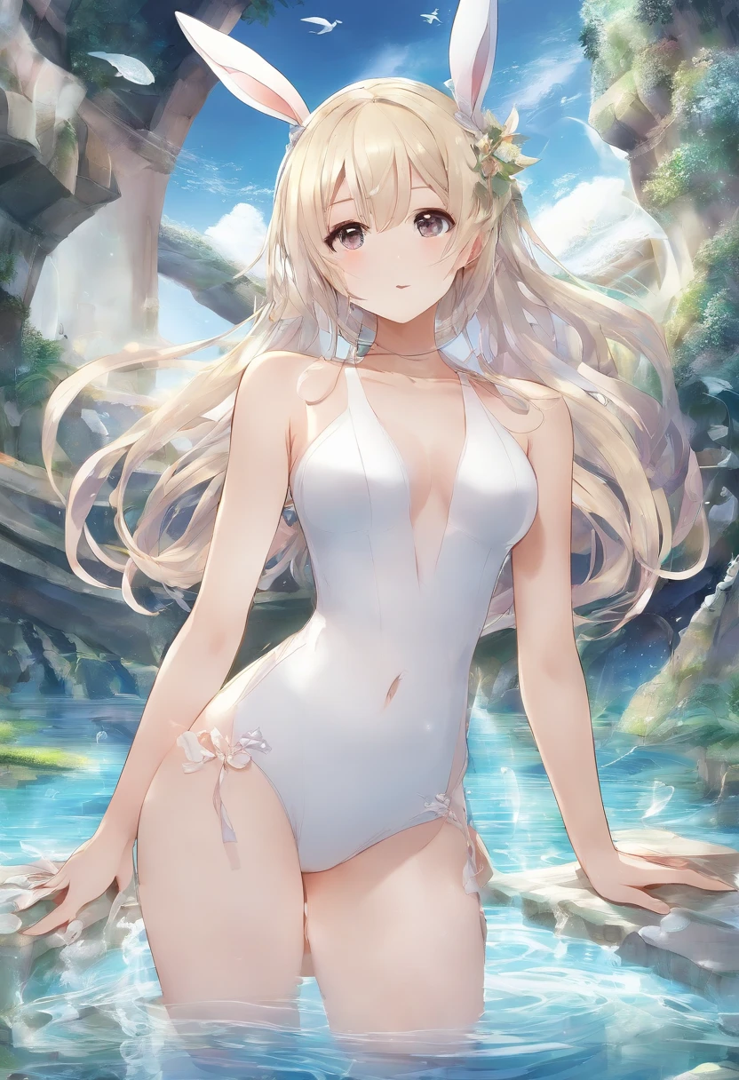 White transparent skinny swimsuit。with his back to the viewer，hindquarters，White stockings，with short golden hair，With rabbit ears，There is a rabbit tail on the panties，pool