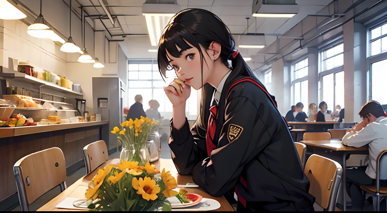 masterpiece, best quality, ultra-detailed, illustration, epic lighting, cinematic composition, isometric, 1girl, solo, cute, brown eyes, black hair, swept bangs, single sidelock, red hairclip, white collared shirt, black necktie, black pants, formal, enchanting gaze, captivating pose, indoors, office, door, opening door, looking at viewer, peeking out upper body, blush, seductive smile, closed mouth,(8k:1.1),