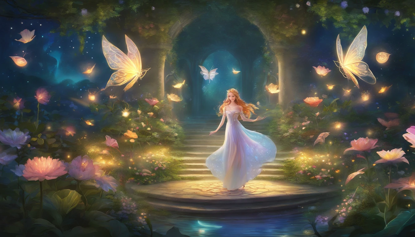 high quality, 8K Ultra HD, Enchanted Moonlit Garden, In the heart of the garden stands a beautiful graceful fairy-like figure, adorned in delicate, flowing garments that shimmer with starlight, Her wings glisten with moonbeams as she spreads a sense of wonder and tranquility, Step into a realm of enchantment with this mesmerizing digital artwork, The scene unfolds in a moonlit garden filled with ethereal beauty, Glowing moonflowers and luminescent fireflies create an otherworldly glow, casting a magical ambiance over the scene, The color palette is a delicate mix of cool blues and soft pastels, by yukisakura, highly detailed,