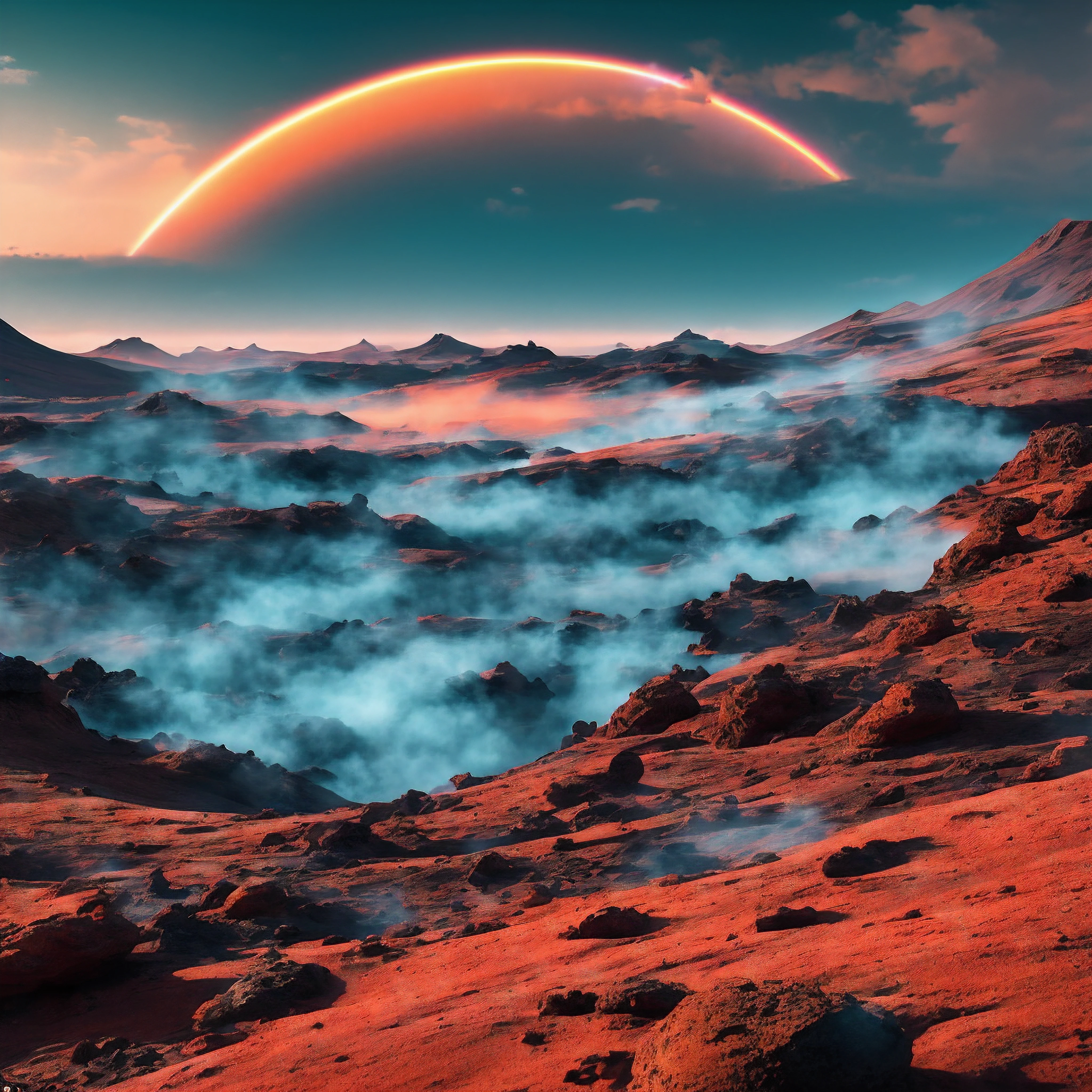 The crimson dunes of Mars stretched for miles, bathed in the light of the two moons hanging in the pink sky. Scattered across the barren, rust-colored landscape were chunks of icy glaciers, shimmering brightly in the sunlight. Crackling bolts of lightning arched wildly through the thin atmosphere, leaving behind the smell of ozone.
Plodding slowly over the alien terrain was a curious creature. It had the gentle features of an Earth deer, with large black eyes and twitching nose. But its fur was dyed in swirling hues of red, orange, blue, green and violet, almost mimicking the nearby cosmic dust clouds. Its antlers branching out resembled flowering vines more than bone.
The rainbow deer wandered past petrified forests locked in stone, icy canyons glowing teal, and bubbling ponds of glittering ink-black liquid. It foraged on luminous lichens growing on the canyon walls and drank from the milky glowing streams. In the distance, volcanoes spewed glowing embers into the sky beneath the light of three overlapping moons.
The landscape was constantly shifting, with howling dust devils giving way to misty geysers erupting randomly from the rocky soil. Yet the rainbow deer took no notice, serenely exploring this alien world that now housed it. Its prismatic colors stood out brightly against the lifeless red rocks and ocher sand. A living rainbow on a distant world.