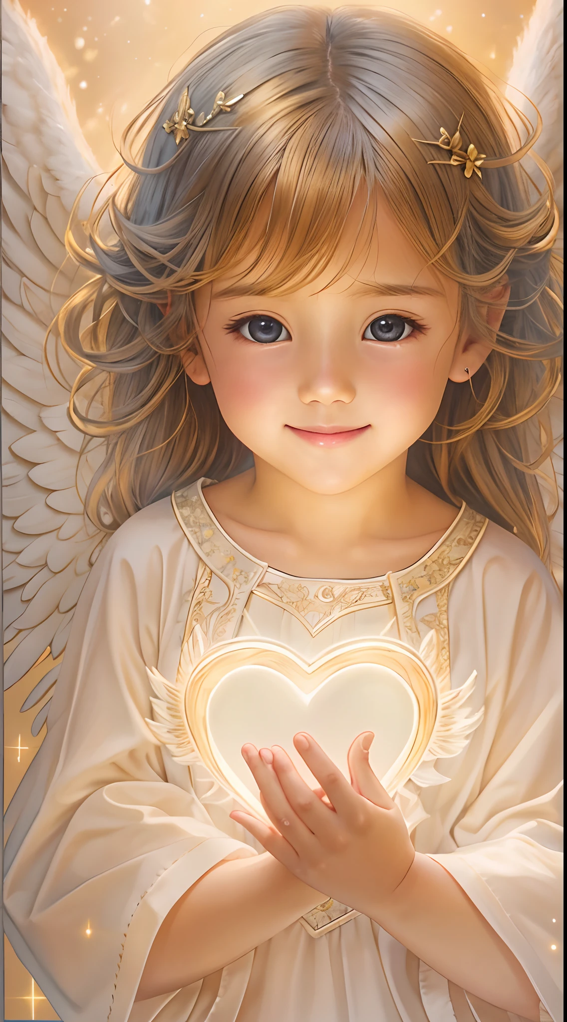Blessings of Angels、Bright background、holding a heart、tenderness、A smile、Gentle、 Angel、facing front、Looking at the camera