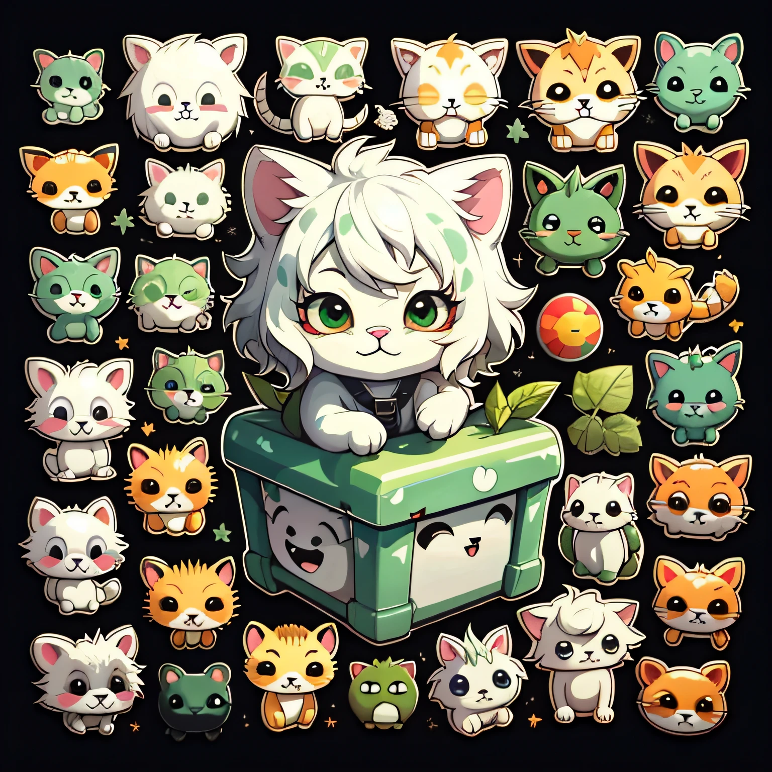 Emoticon pack，Little lion\（organism\），simple backgound，Cartoon Cute，Green eyes，Silver-white hair