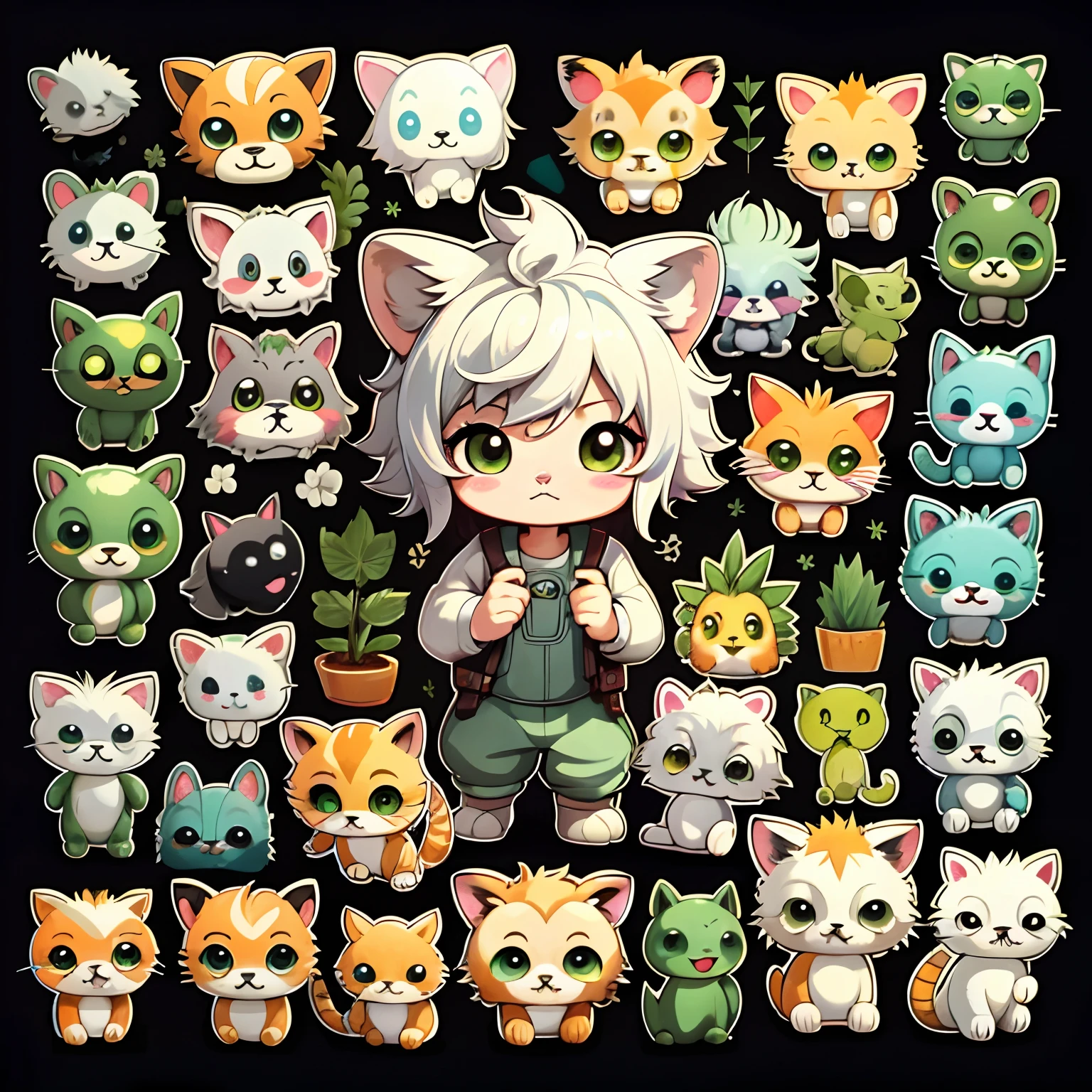 Emoticon pack,Little lion\(organism\),simple backgound,Cartoon Cute,Green eyes,Silver-white hair
