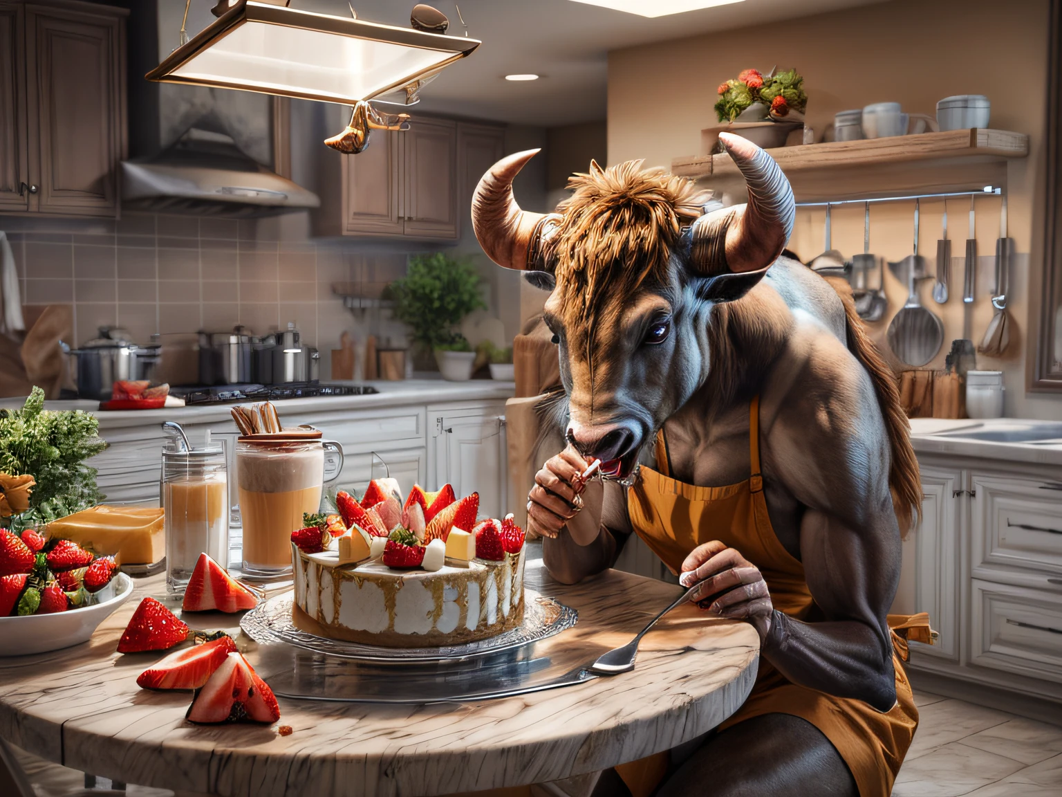 a picture of an a female minotaur eating cheese cake, there is a a female minotaur dynamic colors, busty  wearing an apron, wearing skirt, sitting in a modern kitchen eating chesses cake with strawberries and cream, modern kitchen background, ultra best realistic, best details, best quality, 16k, [ultra detailed], masterpiece, best quality, (extremely detailed), ultra wide shot, photorealism, depth of field, hyper realistic
