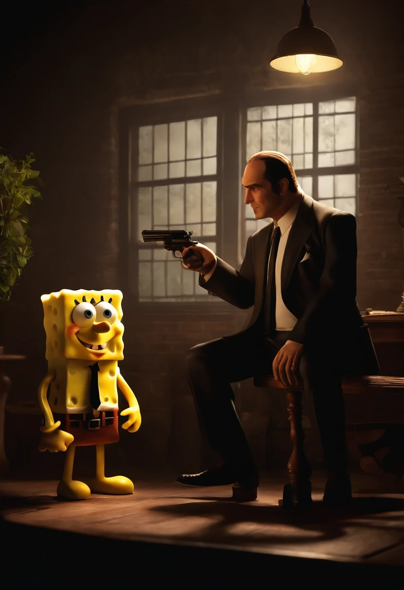 Tony Soprano and SpongeBob SquarePants, in a dimly lit rustic mafia hideout, are deeply engaged in discussing secret mafia plans. The ambiance is filled with tension as the flickering candlelight casts shadows on the weathered brick walls. Tony wears a tailored black suit with a fedora, while SpongeBob tries to blend in with his yellow pinstriped suit. To emphasize their conversation, both characters have extremely detailed eyes and expressive facial features, creating a sense of intrigue and seriousness.
The mafia hideout has a mysterious atmosphere, with old wooden furniture and vintage decorations scattered around the room. The dimly lit space has a smoky quality, adding to the suspenseful mood. In the background, mafia men, wearing tailored suits and fedoras, stand in strategic positions, maintaining a vigilant watch over the proceedings.
As the tension builds, small green creatures, almost like mischievous imps, lurk around, adding an element of chaos to the scene. These mischievous creatures are armed with tiny knives, playfully stabbing at everyone's toes, causing subtle reactions of surprise and discomfort.
The overall image quality is of the highest standard, with a realistic and photorealistic rendering that captures every intricate detail. The focus is sharp, highlighting the characters' expressions, the texture of the furniture, and the flickering candlelight. The scene is captured in Ultra HD resolution, allowing for the finest nuances to be visible.
The artistic style of the image leans towards the concept artists' portrayal, combining the gritty noir aesthetic of mafia movies with a touch of whimsy from the cartoon world. The color palette chosen for this artwork is rich and saturated, enhancing the contrast between the shadows and the warm glow of the candlelight.
To further enhance the ambiance, the lighting showcases a play of shadows and highlights, emphasizing the characters' features and adding depth to the scene. The studio lighting setup
