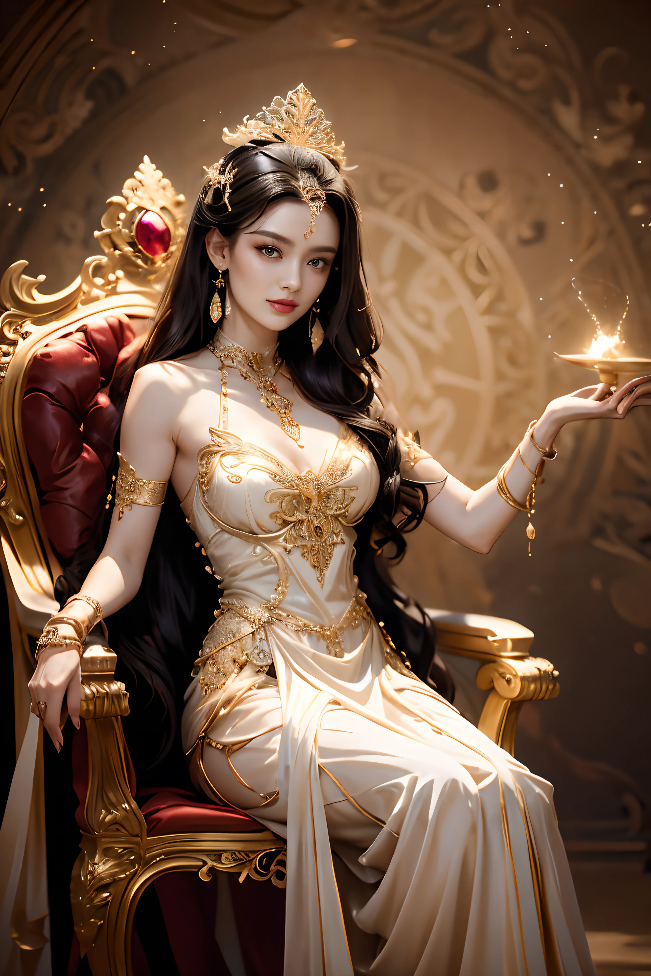 Noble goddess，Scepter in hand，Elegant temperament，mystical ambiance，Best quality、tmasterpiece、A high resolution、1girll、Sheer silk porcelain dress、Nice face、hair adornments、looking at viewer、shift dresses、hair adornments、choker necklace、jewely、long black hair、earring、pretty  face、Sit in a golden chair，Ancient mythology、Ancient palaces，Luxurious and detailed background、hentail realism、profesional lighting、edge lit、bicolor lighting、（highdetailskin：1.2）、8K, Ultra HD、Digital SLR、softlighting、high quality，Volumetriclighting，High resolution 4K，blur background，high contrast，largevaperture，automatic white balance，cinematic compositions，realisticlying