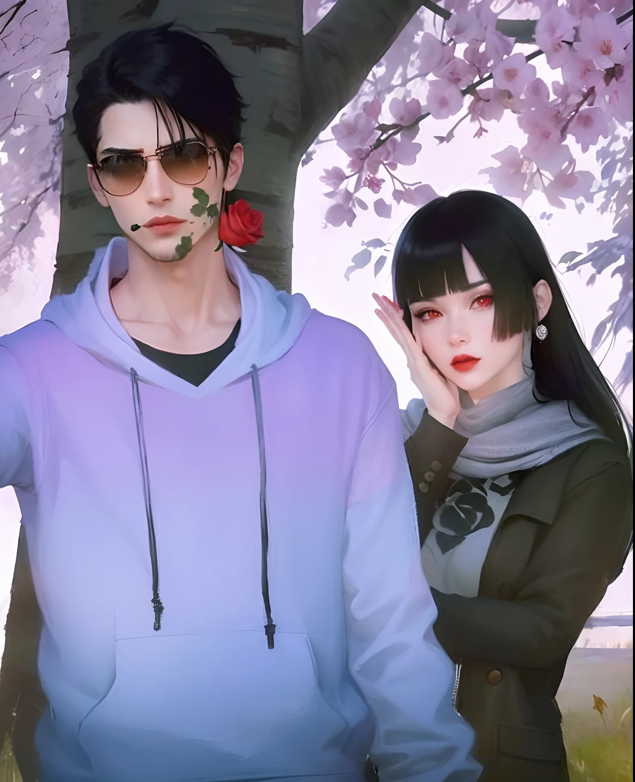 Woman on right, red eyes, black hair, red lips woman, scarf, full red eyes, man on left, shades, biting rose on the left, rose, black hair, hoodie, handsome on the left, couple pose, there are two people, sakura tree background, boy with rose on the mouth