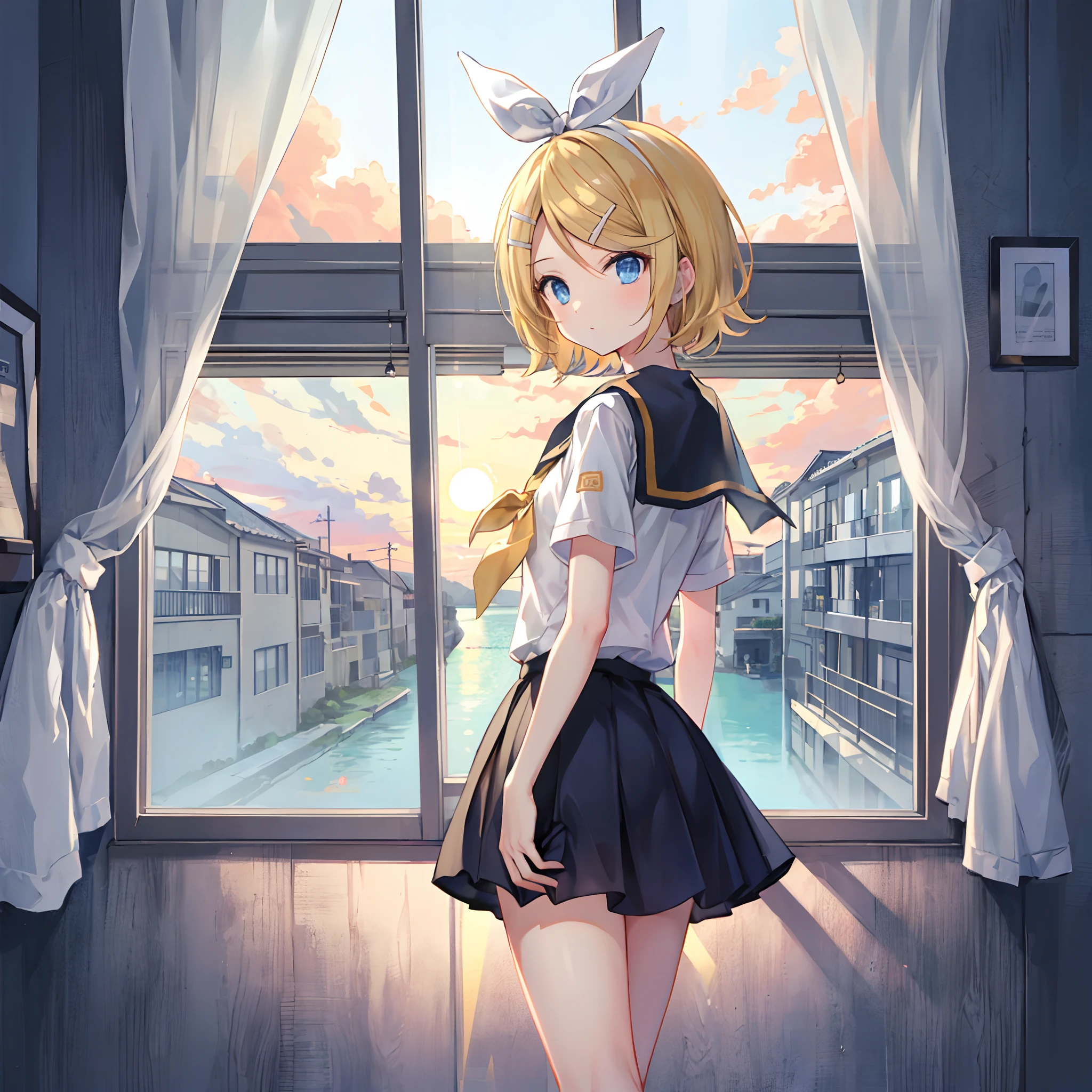 Kagamine Rin , por rubio , coletas 、ojos rojos、Hermosa chica sola、quimono、una minifalda、aula de escuela 、sentado en pupitre , luz de atardecer (entrando por la ventana , cortinas que se mueven un poco con el viento
