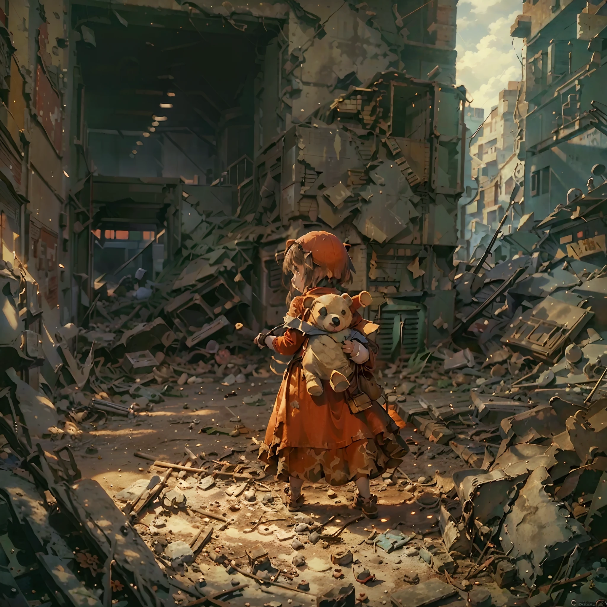 A *********** in a long red dress during the war，Carrying the back of a bear doll，Ruins of war，Dog's breakfast。（very wide angle shot，The focus is on the back of the character）The background of the picture is a dusty doomsday scene