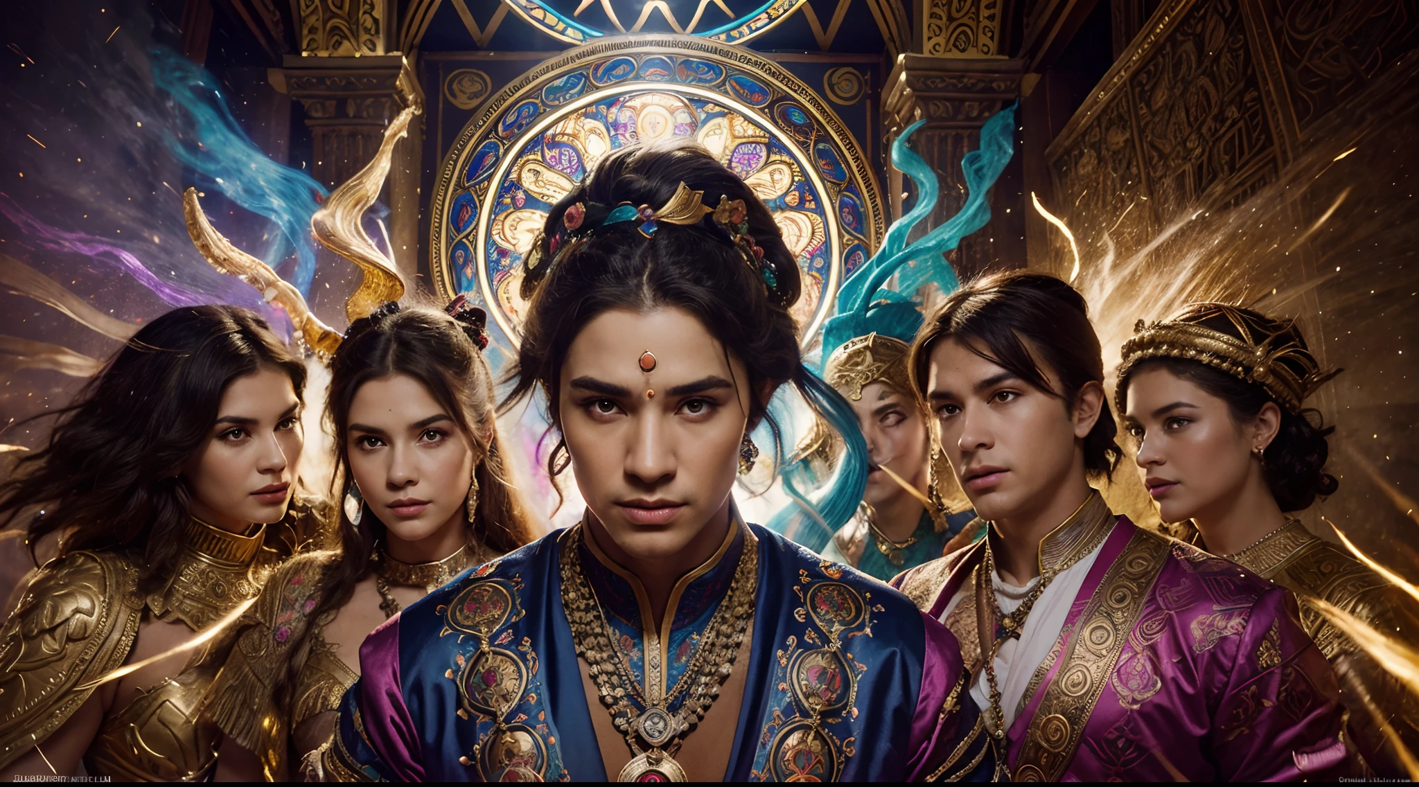 ancient leaders, vibrant background, cartoon style, legacy saga, highres, vivid colors, middle focus, historical figures, rich details, mythical elements, glowing aura, powerful expressions, intricate costumes, majestic poses, detailed facial features, epic storytelling, mythical creatures, ornate architecture, ancient artifacts, dramatic lighting