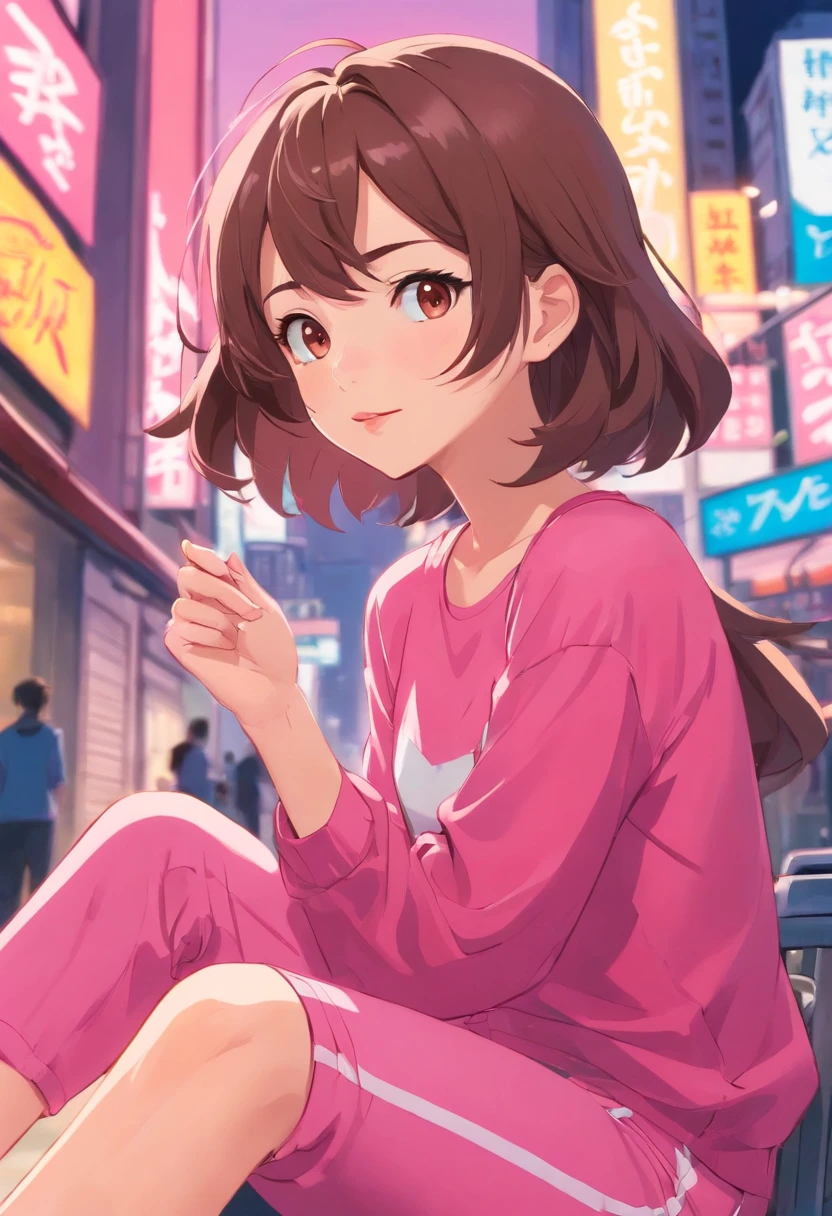 Woman with short, wavy brown hair, tez blanca, delgada, brown eyes, 2000s Style Clothing Hot Pink Color, Bimbo girl, Hot pink top and pastel pink velvet trousers, glossy lips, sonrisa leve.