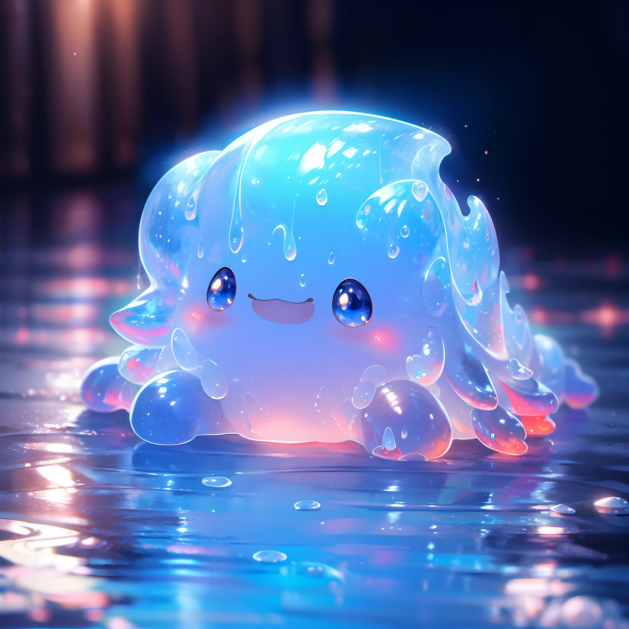 A shiny blue and red slime, cute face,vibrant and translucent texture, slime stretching and squishing, detailed, mesmerizing patterns and swirls, sparkling and reflecting light, satisfying to touch and play with, high-res masterpiece, vivid colors, illuminated with soft studio lighting.