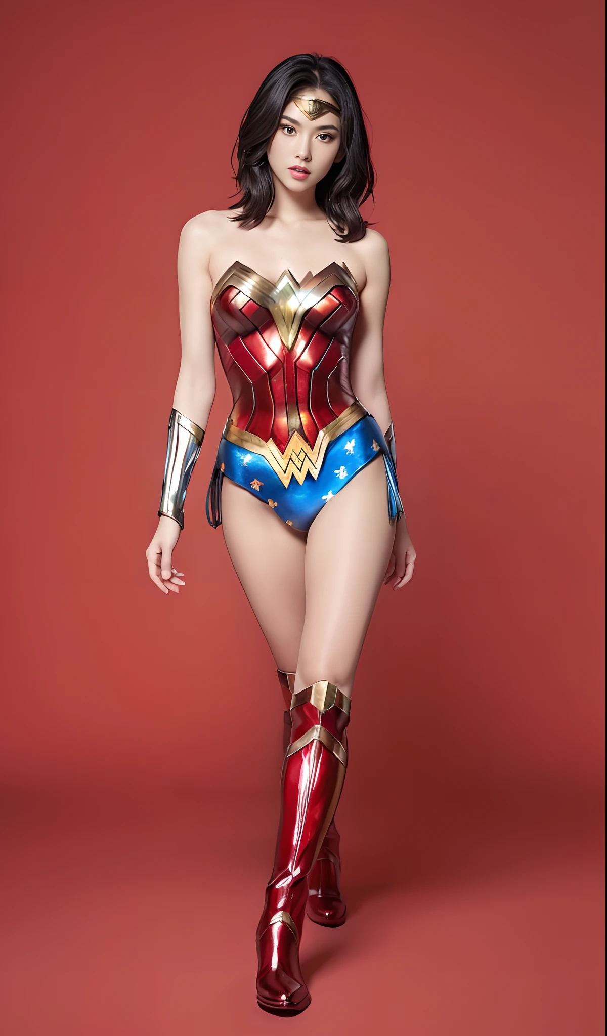 Cute Asian Beautiful Girl、(((Wear black tights on your beautiful legs.)))、(((defeated)))、(((Anguished facial expressions)))、(((Make the most of the original image)))、(((Wonder Woman Costume)))、(((shiny short hair)))、(((Suffering)))、(((Feet must necessarily be worn with black tights)))、(((You need to wear red boots)))、((Top image quality、8K))、((top-quality、8K、​masterpiece:1.3))、(((Keep your background simple)))、Crisp focus:1.2、Beautiful woman with perfect body shape:1.lender Abs:1.2、a wet body:1.5、Highly detailed facial and skin texture、