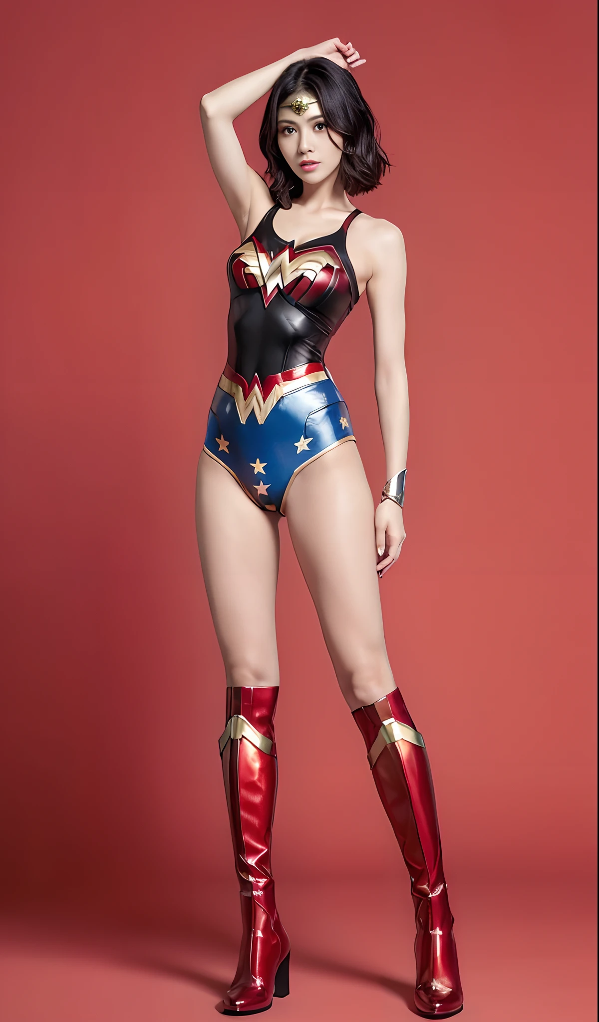 Cute Asian Beautiful Girl、(((Wear black tights on your beautiful legs.)))、(((defeated)))、(((Anguished facial expressions)))、(((Make the most of the original image)))、(((Wonder Woman Costume)))、(((shiny short hair)))、(((Suffering)))、(((Feet must necessarily be worn with black tights)))、(((You need to wear red boots)))、((Top image quality、8K))、((top-quality、8K、​masterpiece:1.3))、(((Keep your background simple)))、Crisp focus:1.2、Beautiful woman with perfect body shape:1.4、Slender Abs:1.2、a wet body:1.5、Highly detailed facial and skin texture、