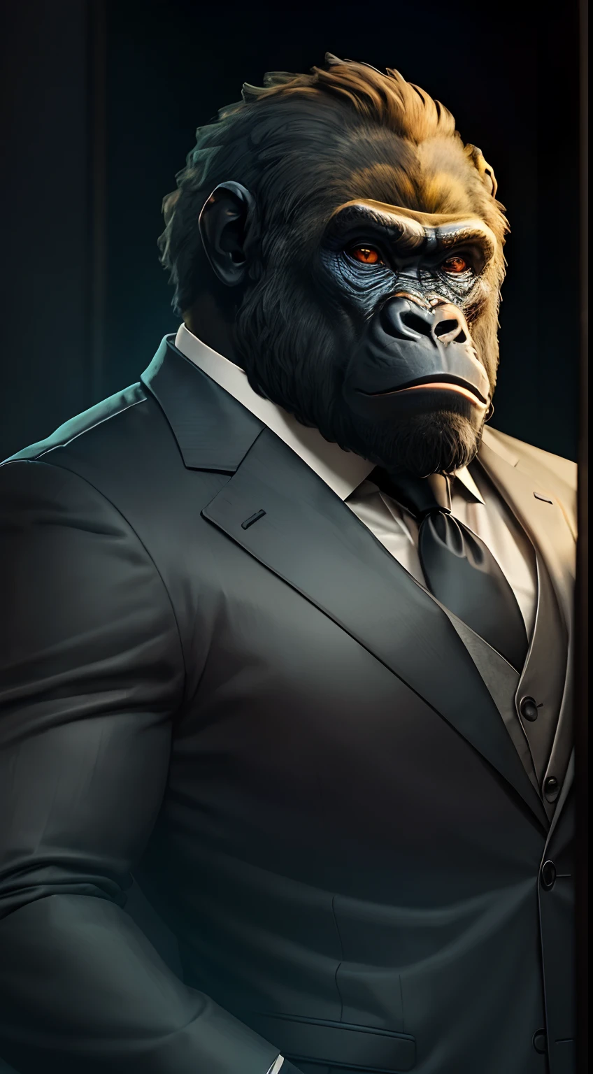 Young gorilla in suit，Humanoid gorilla face，Masterpiece-quality ultra HD image quality，accuracy，Ideal for delicate skin texture，high level of detail，Highest image quality，hight resolution。