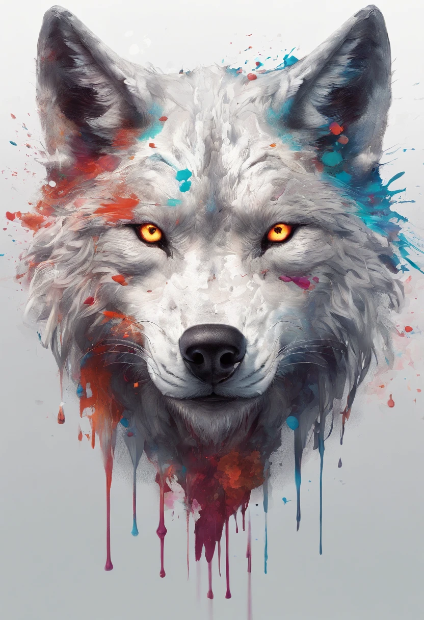 Splash art, a wolf head, ((white background)), piercing eyes, epic Instagram, artstation, splash style of colorful paint, contour, hyperdetailed intricately detailed , unreal engine, fantastical, intricate detail, splash screen, complementary colors, fantasy concept art, 8k resolution, deviantart masterpiece, oil painting, heavy strokes, paint dripping, splash arts